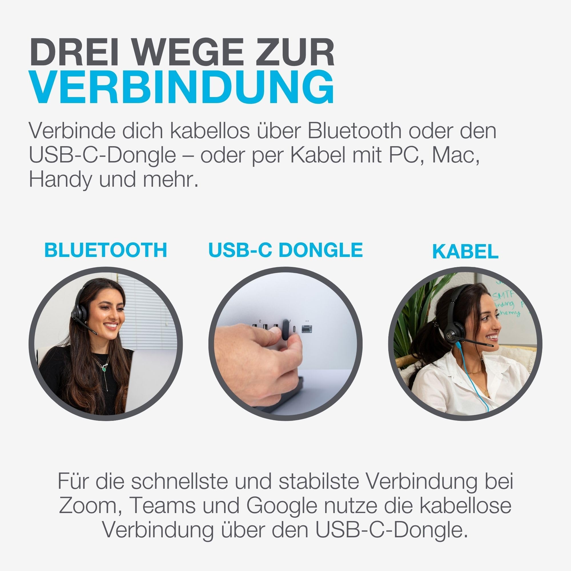 JLab Go Work 2nd Gen Bluetooth Headset mit Mikrofon & USB C Dongle, Akku 55h+, Wireless Headset PC mit Noise Cancelling Mikrofon, kabellos & per Kabel, Multipoint, für Handy, Office, Büro