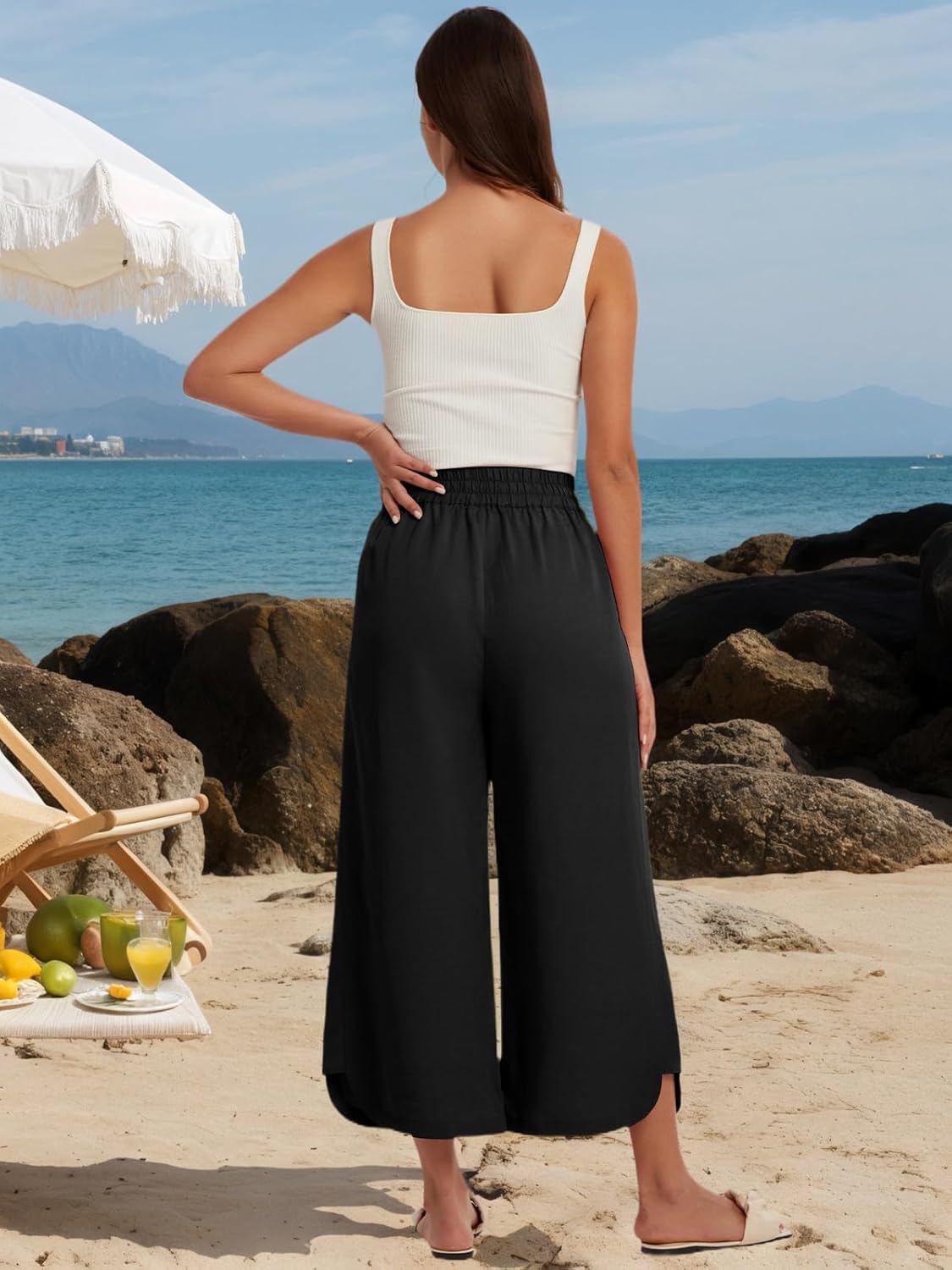Les umes Women's Wide Leg Drawstring Pants High Waist Cropped Trousers for Summer Casual Wear
