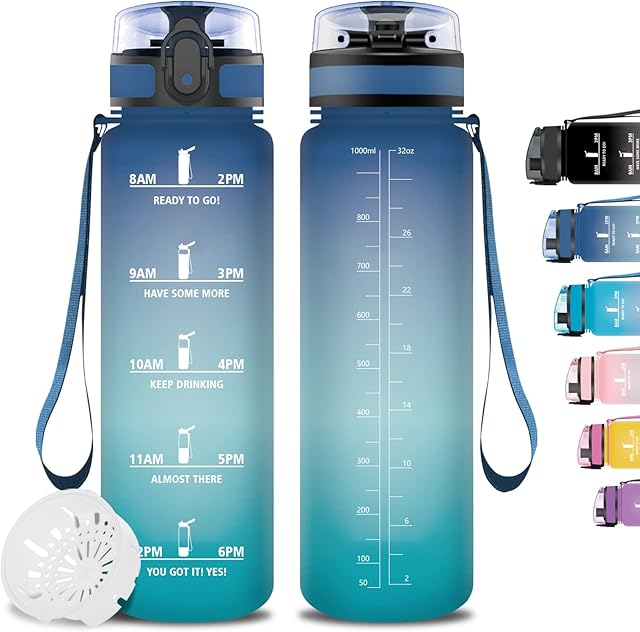 1 Litre Motivational Sport Water Bottles with Time Marker, Leak-Proof Tritan BPA-Free Daily Water Intake Bottle, Reusable Water Bottle with Filter, Gym Water Bottle for Women, Mens, Fitness, Camping