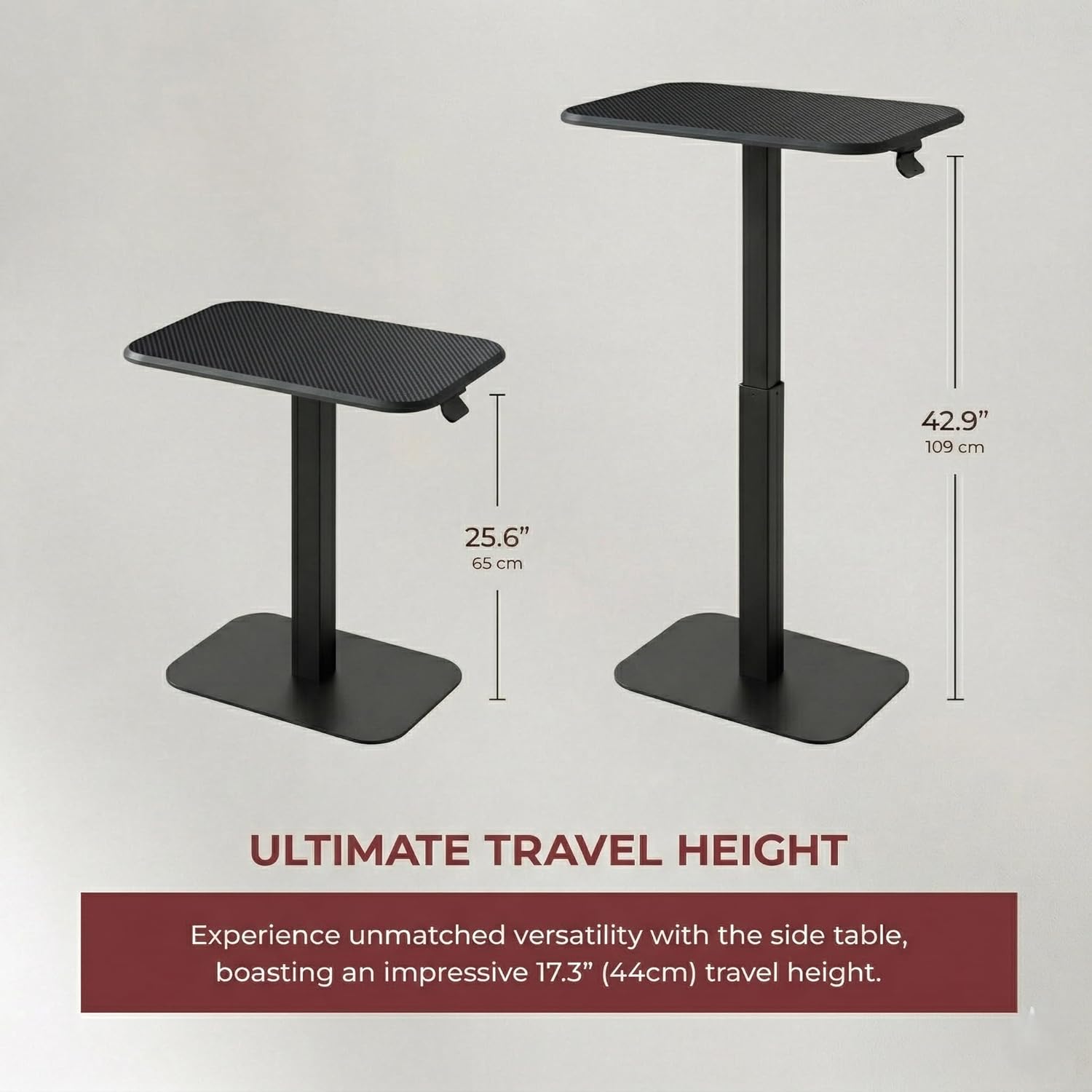 Elevance Height Adjustable Side Table, Black Base, Carbon Black Top | Sofa Laptop Table for Couch & Bed | Small C-Shape End Table for Home or Office