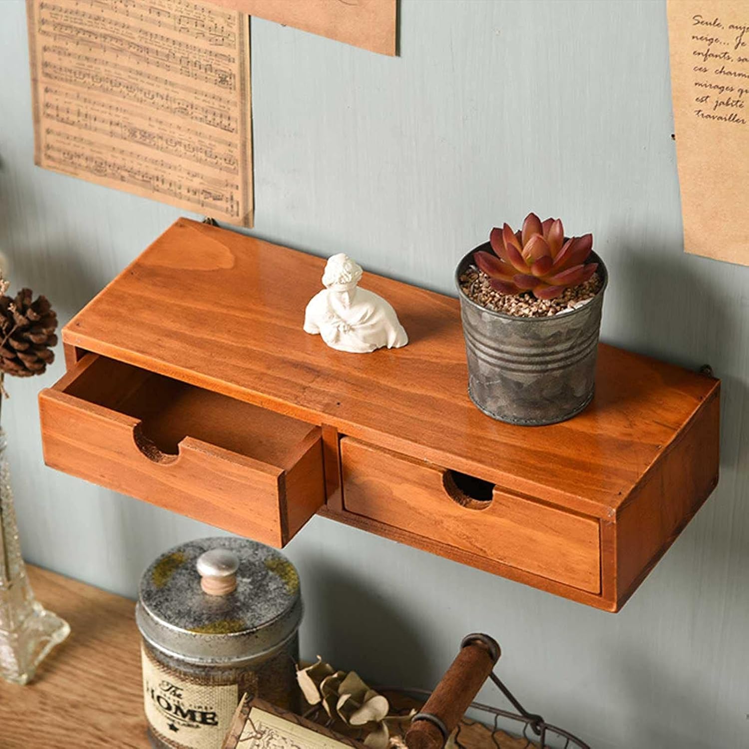 Antique Style Desk Wood Storage Box Multifunctional Storage Box Desktop Drawer Debris Cabinet for Home Kitchen Bedroom Office-Large