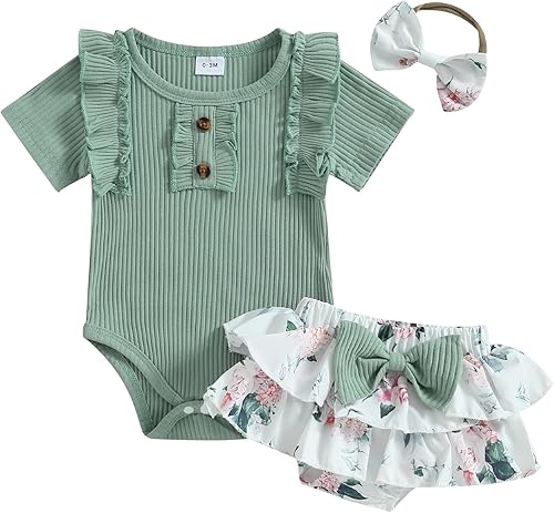 Ropa de verano para bebé recién nacida, manga corta, acanalado, con volantes, pantalones cortos con diadema, traje de 3 piezas