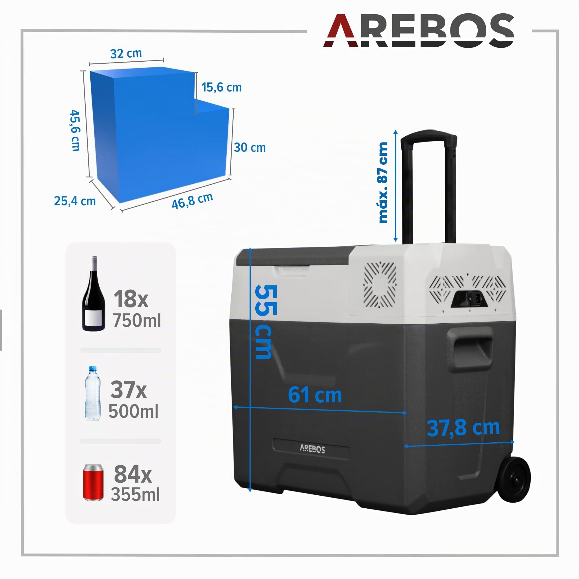 Arebos Nevera de compresor ruedas 47 litros | Congelador eléctrico con control APP para enfriar, congelar y mantener caliente | Refrigeración hasta -20 °C | Nevera para coche