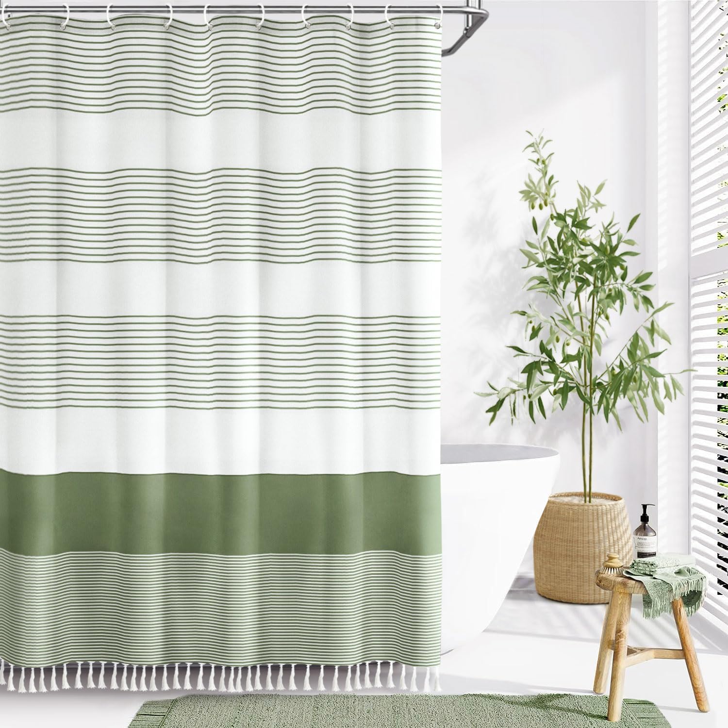 Amazon.com: Awellife Sage Green Shower Curtain for Bathroom Stripe ...