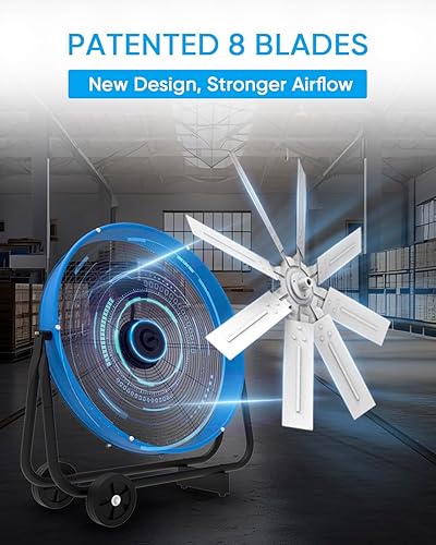 Miniatura 2 de KEN BROWN Ventilador de tambor industrial de 24 pulgadas, ventilador de piso de alta velocidad, resistente, 9500 CFM, 8 cuchillas, 3 velocidades,