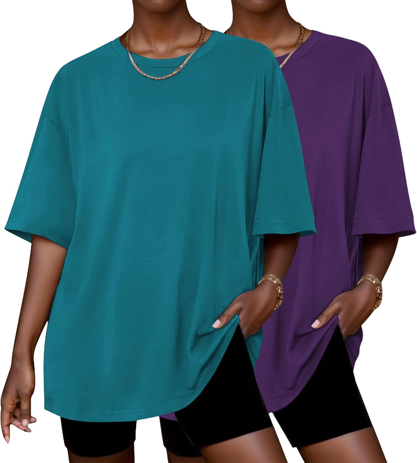 Ekouaer 2 Pack Womens Tops Short Sleeve Oversized T Shirts Summer Spring Tops 2025 Basic Casual Tee Top S-XXL