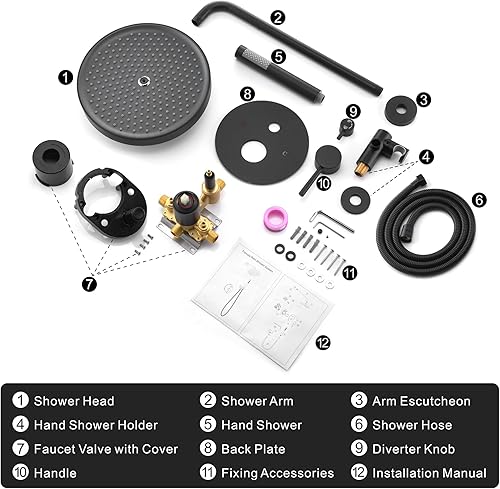Miniatura 8 de Juego completo de grifos de ducha negros, accesorios de ducha negro mate, sistema de ducha con cabezal de ducha de lluvia de 10 pulgadas y mano de