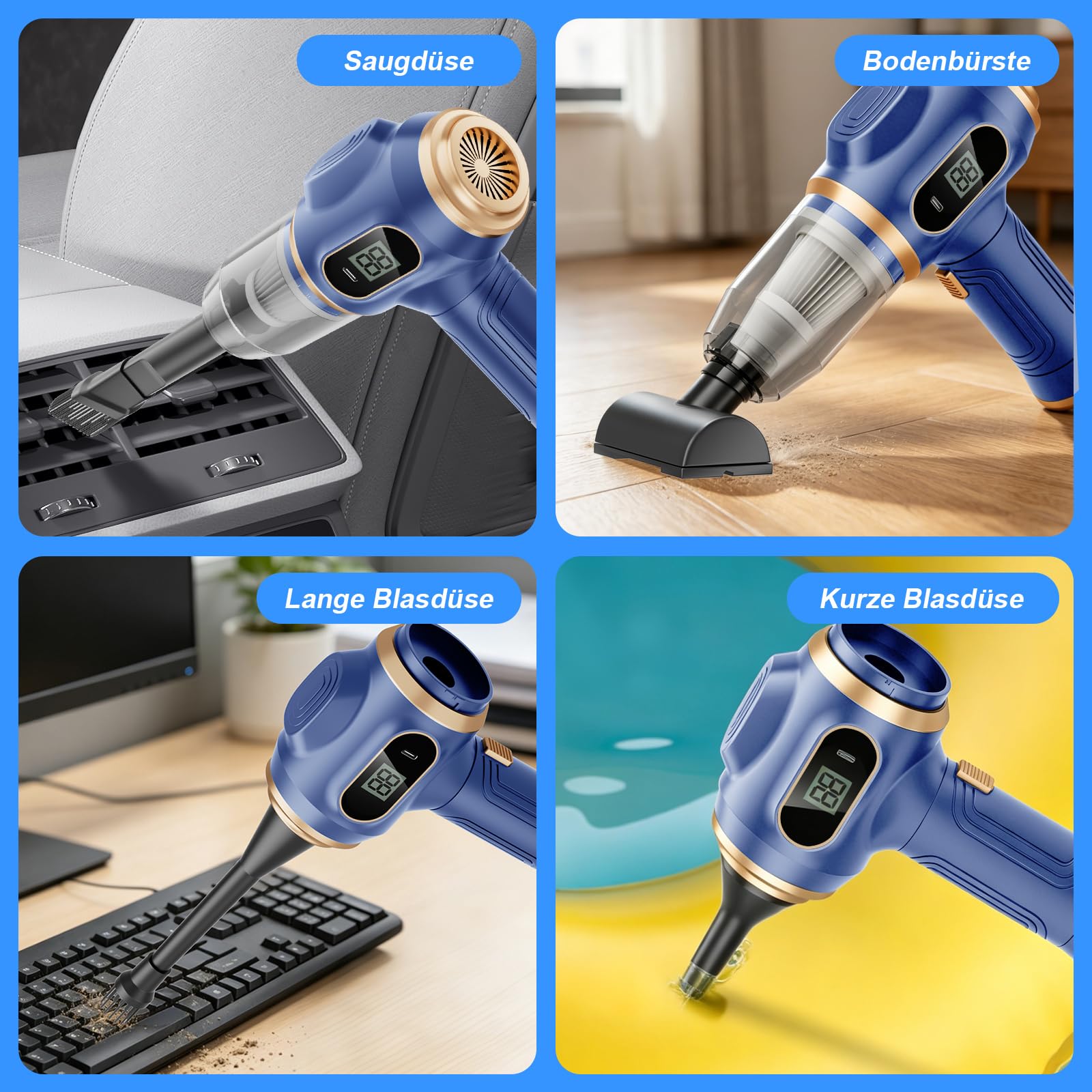 Tragbarer Auto Staubsauger Kabellos, Mini Handstaubsauger Wiederaufladbar mit LCD-Display und Mehrere Düsen, Hochleistungs-Handstaubsauger für Auto, Haus, Büro, Sofa, Tierhaare, Tastatur