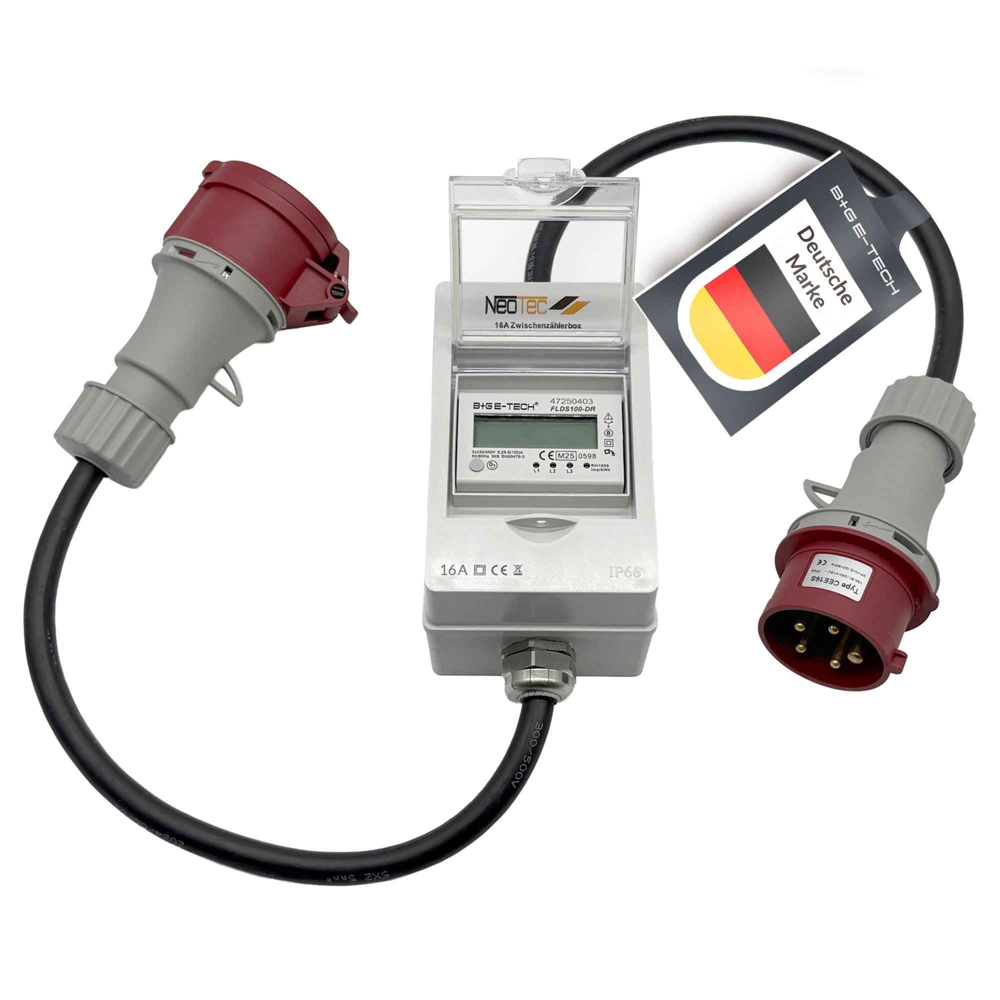 B+G E-Tech CEE 16A 400V Mobile Stromzähler Box mit mit CEE Stecker und Kupplungk 55 mm Ø, Digitaler Zwischenzähler mit Reset-Funktion, Wartungsfrei, EEG Umlage, MID Zertifiziert