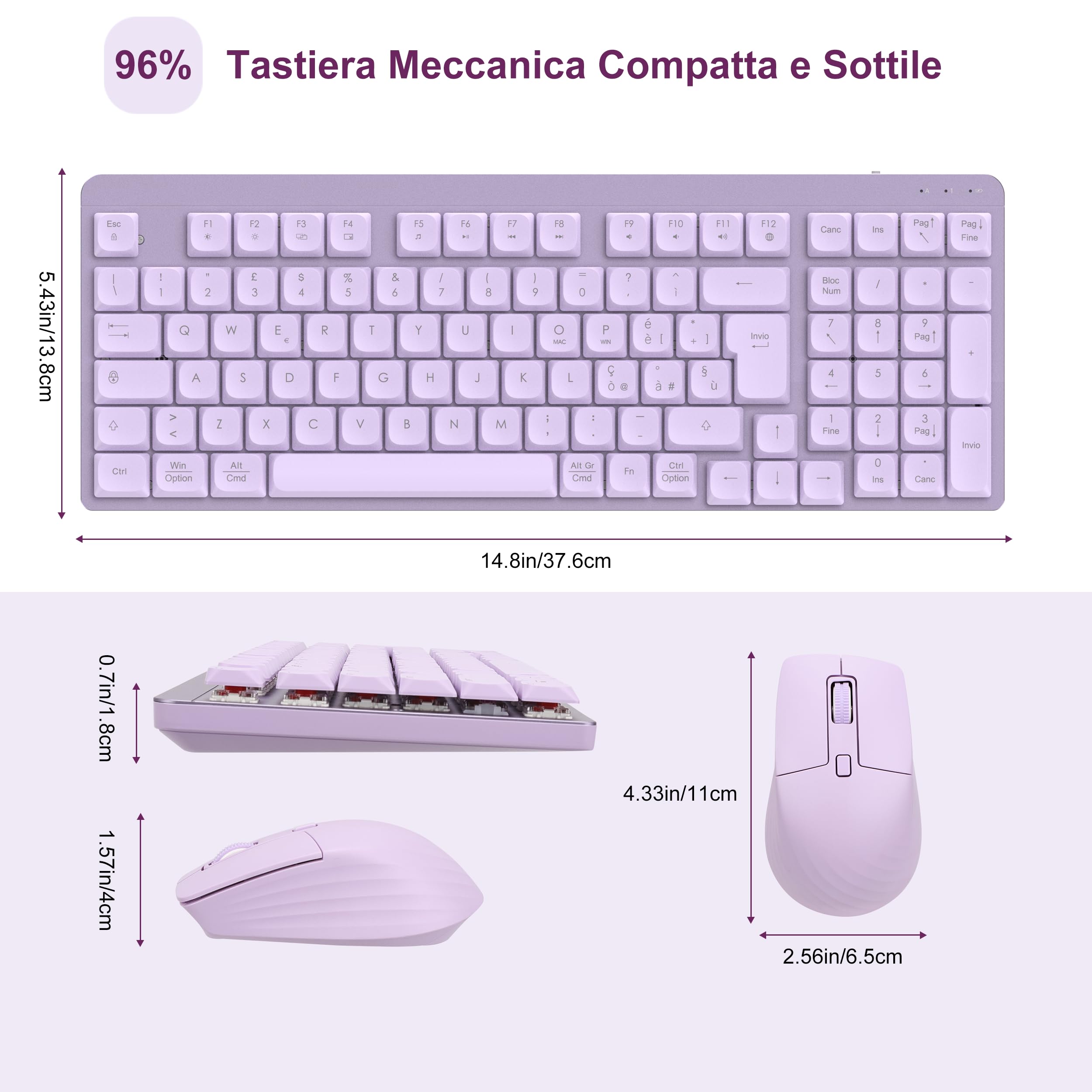 LeadsaiL Tastiera e Mouse Meccanica Wireless FA98, Basso Profilo Switch Rossi Tastiera senza Fili con ricevitore 2.4G, 96% Keyboard, 98 Tasti, Silenzioso, Italian QWERTY per PC Mac/Windows-Lavender