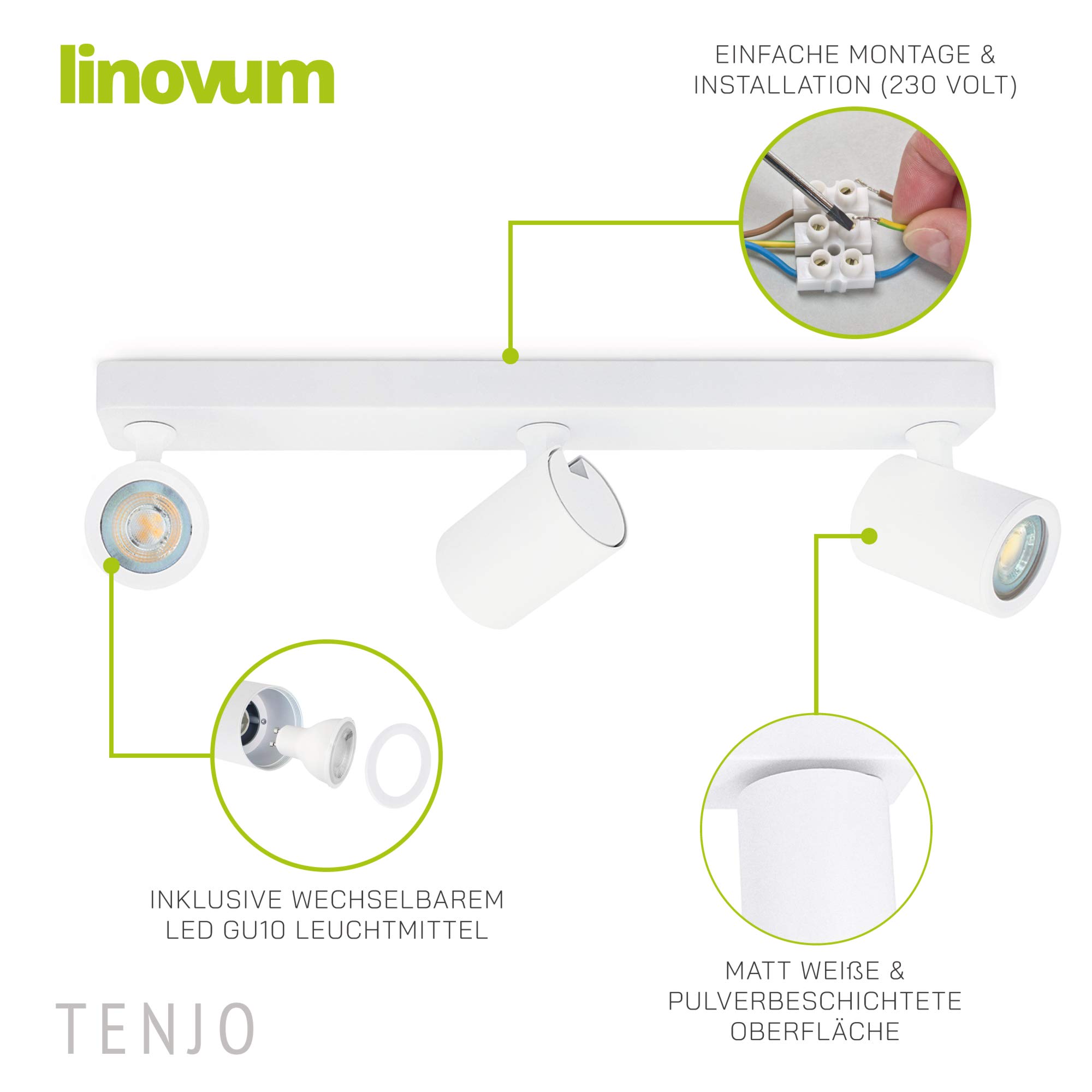 TENJO Deckenstrahler 3 flammig weiß LED GU10 2W warmweiß drehbar schwenkbar 230V