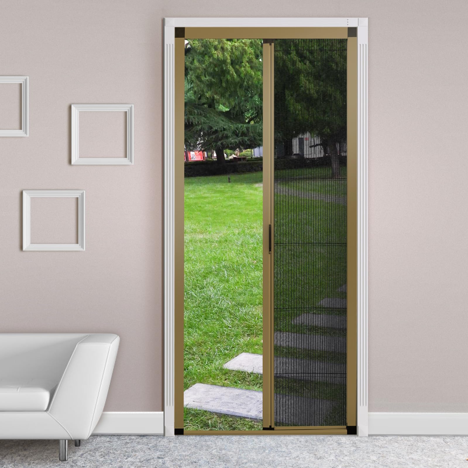 No-Drilling Retractable Screen Door, Folding Door with Aluminum Frame and Durable Mesh, Keeps Bugs Out, for Single or Double Door Customize Size(Champagne