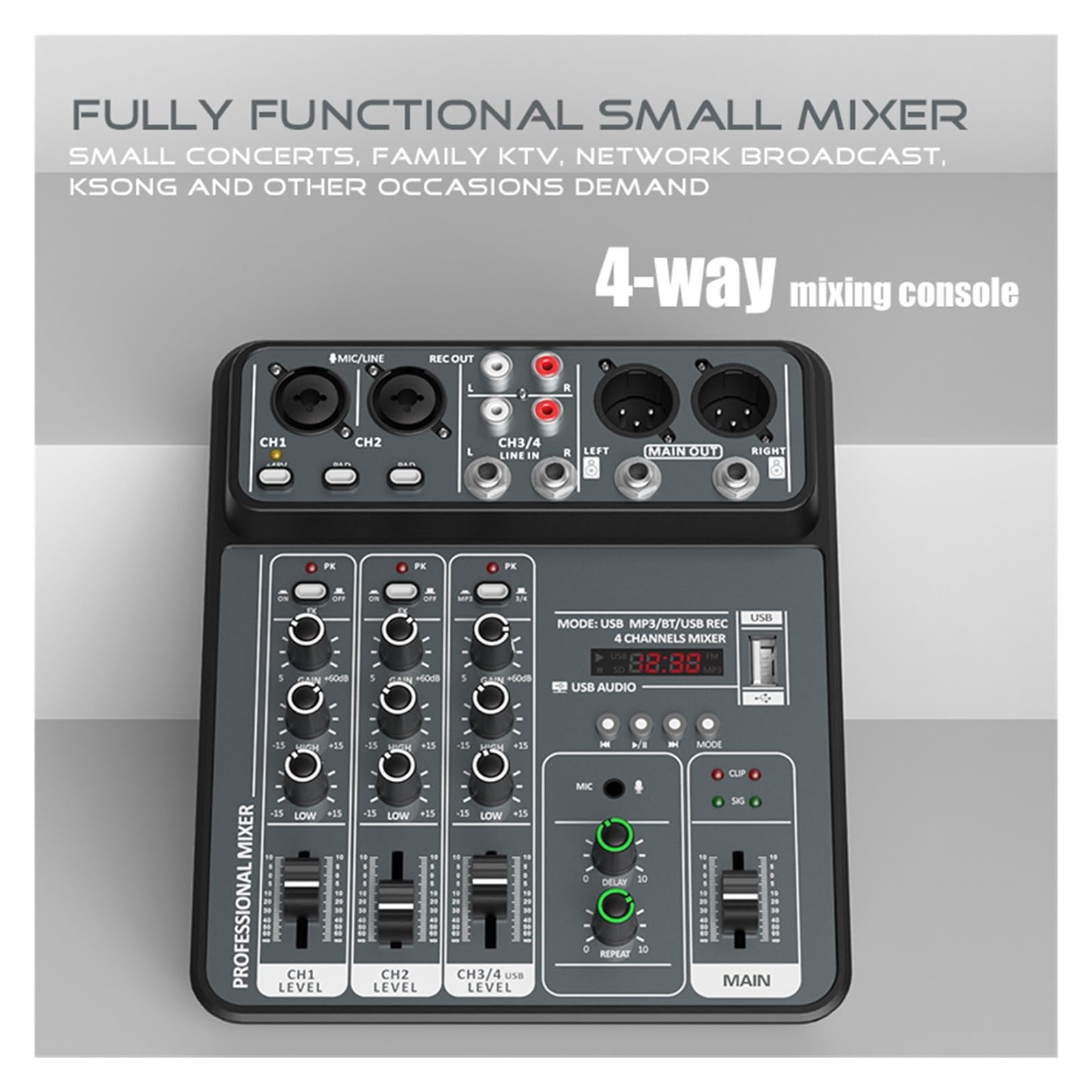 Mikser DJ-ski, Mikser 4-kanałowy DJ Mixing Console z Bluetooth 48V Phantom Power Monitor System USB Mixer