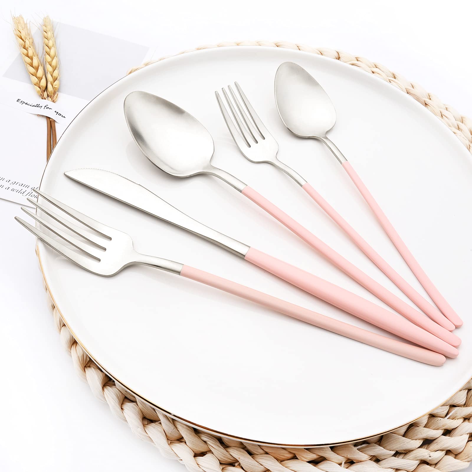Snplowum 30-Piece Morandi Color Silverware Flatware Set for 6, 18/10 Stainless Steel Eating Utensils Cutlery Dinnerware With Pink Handle for Home Dinner Restaurant Party Nice Gift