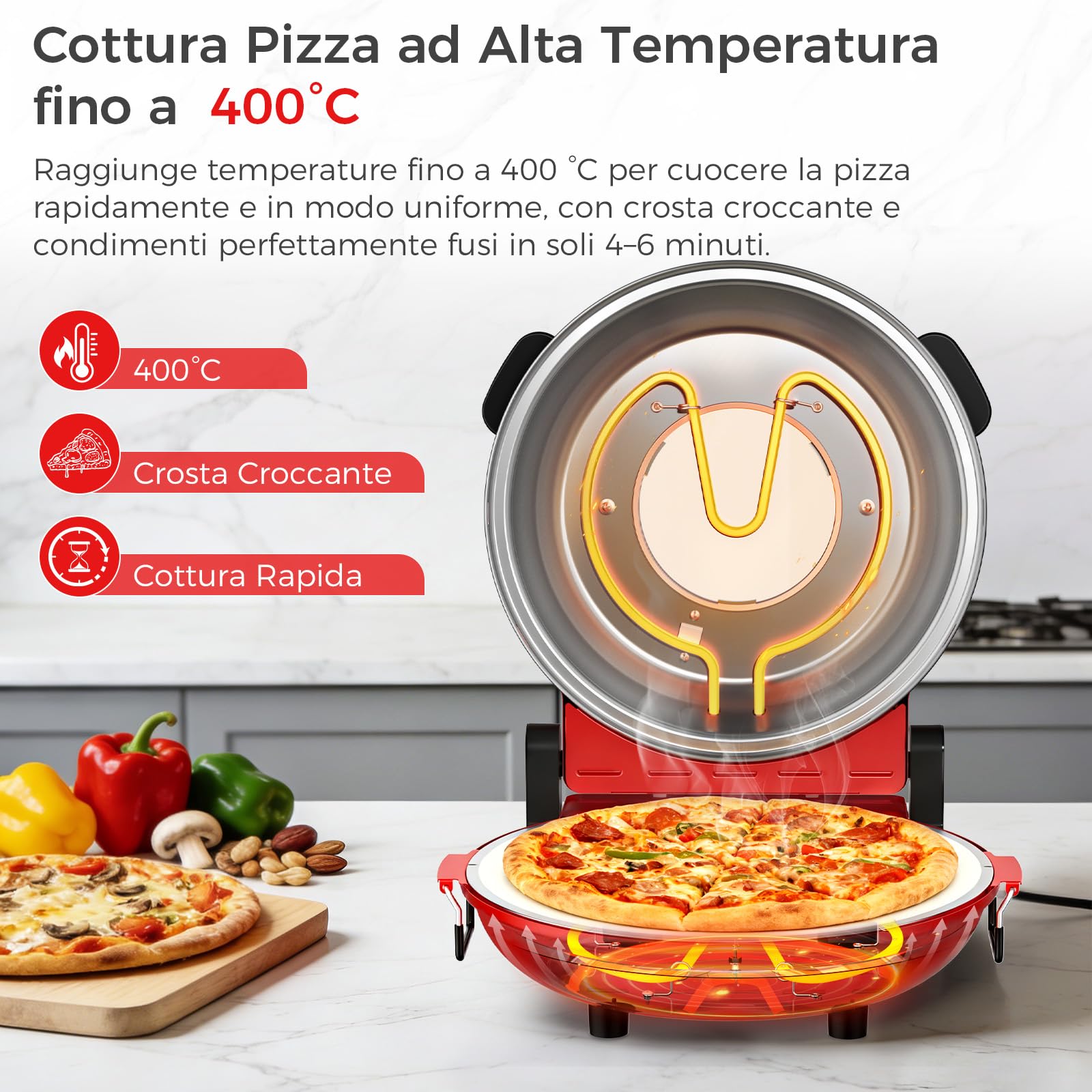 YASHE Forno Pizza Elettrico 400°C, 1200W, Pizza Pronta in 4–6 Minuti | Pietra Refrattaria 30 cm, Doppio Riscaldamento, Forno Per Pizza Da Interno , Timer, Finestra, Portatile