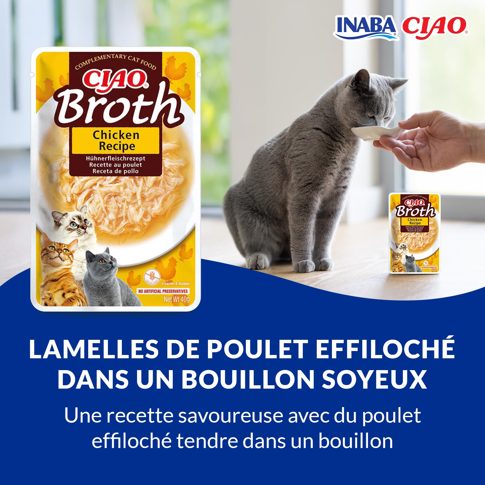 INABA Ciao - Broth Poulet - Friandise pour Chat Humide - Délicieuse et Saine - Sauce - Plat d'accompagnement - Complément Naturel et sans Céréales - Pâtée pour Chat - 1 x 40g
