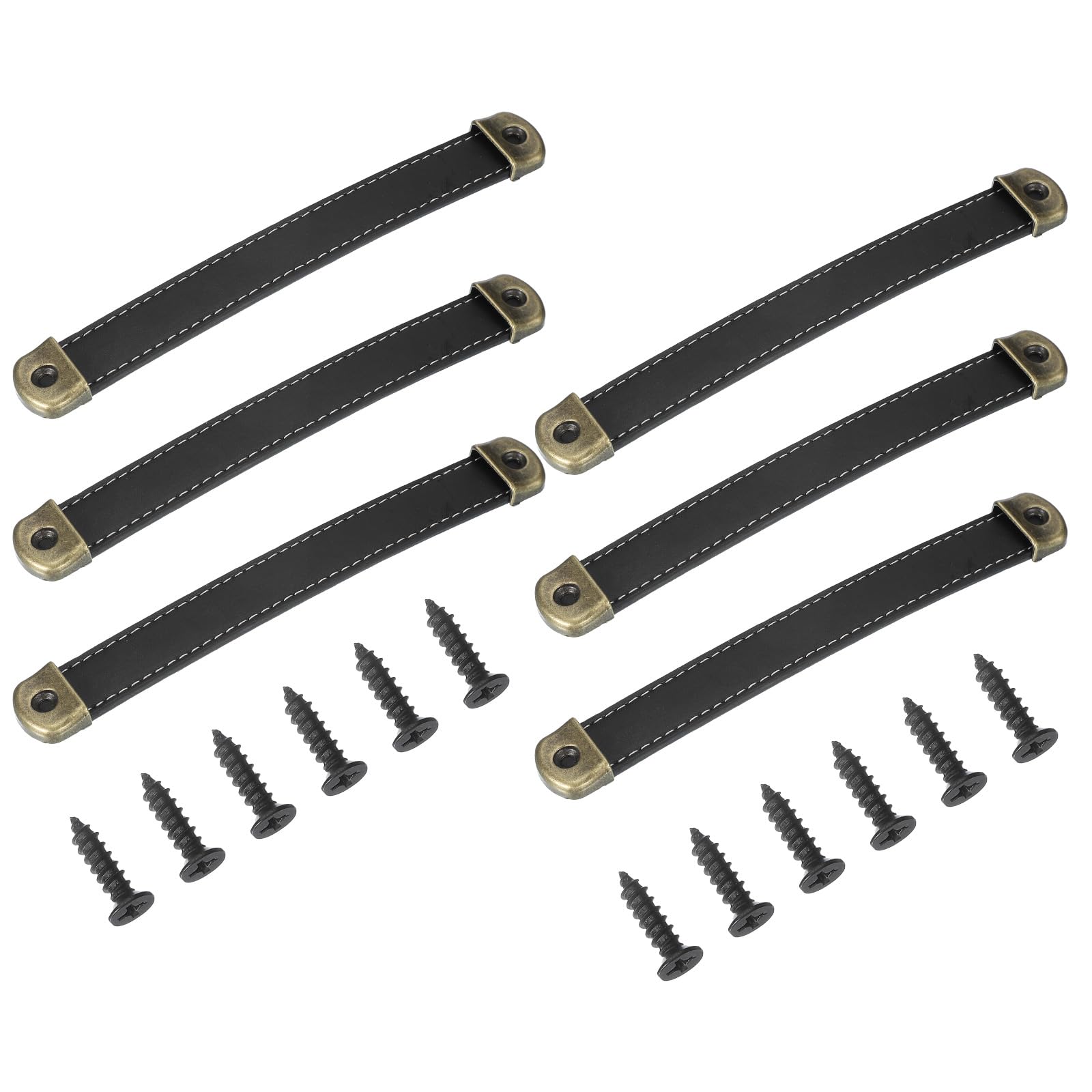 PATIKIL 7" Leather Drawer Pulls with Iron Sheet, 6 Pcs Leather Strap Trunk Handle Cabinet Knobs Hardware Replacement with 18mm Screws for Dresser Door Suitcase Luggage, Black