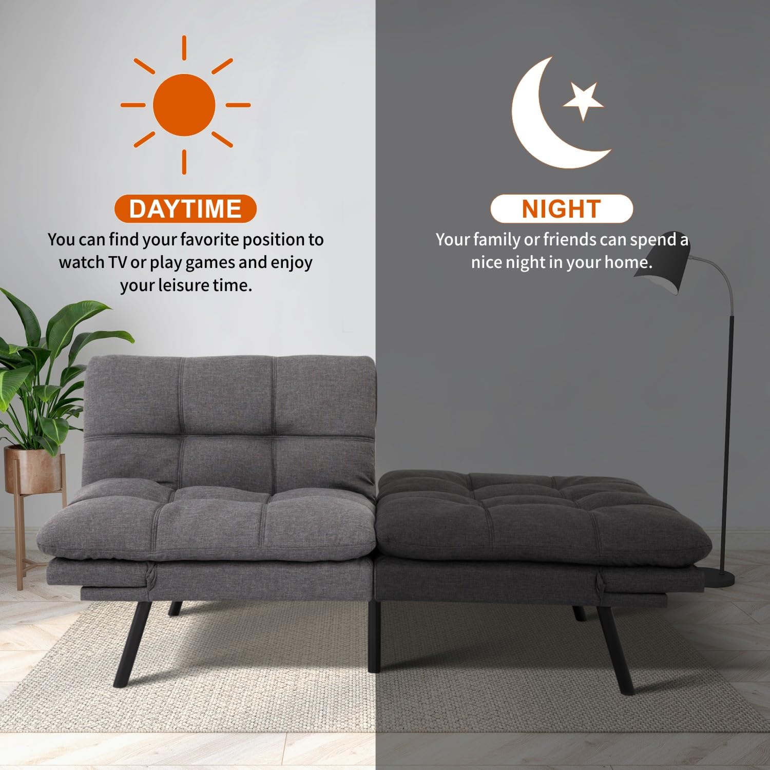 MUUEGM Futon Sofa Bed 71" Gunmetal Convertible Memory Foam Futon Couch Bed Modern Loveseat Sleeper with Adjustable Backrests Armrests for Living Room,Small Space,Office