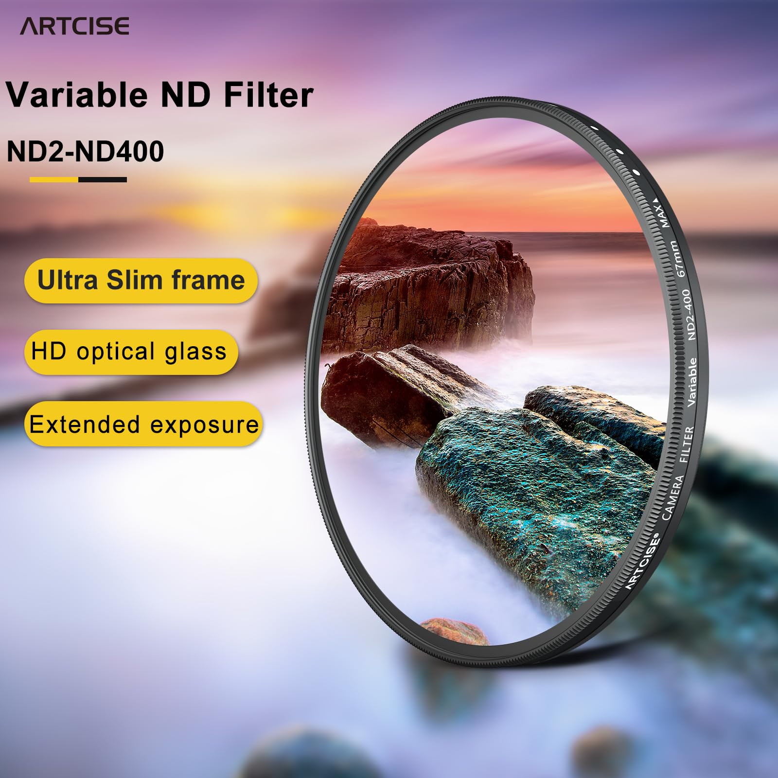 ARTCISE Filtre ND Variable 49 mm Ultra Mince ND2-ND400 HD Réglable Fader Filtres à densité Neutre pour Objectif