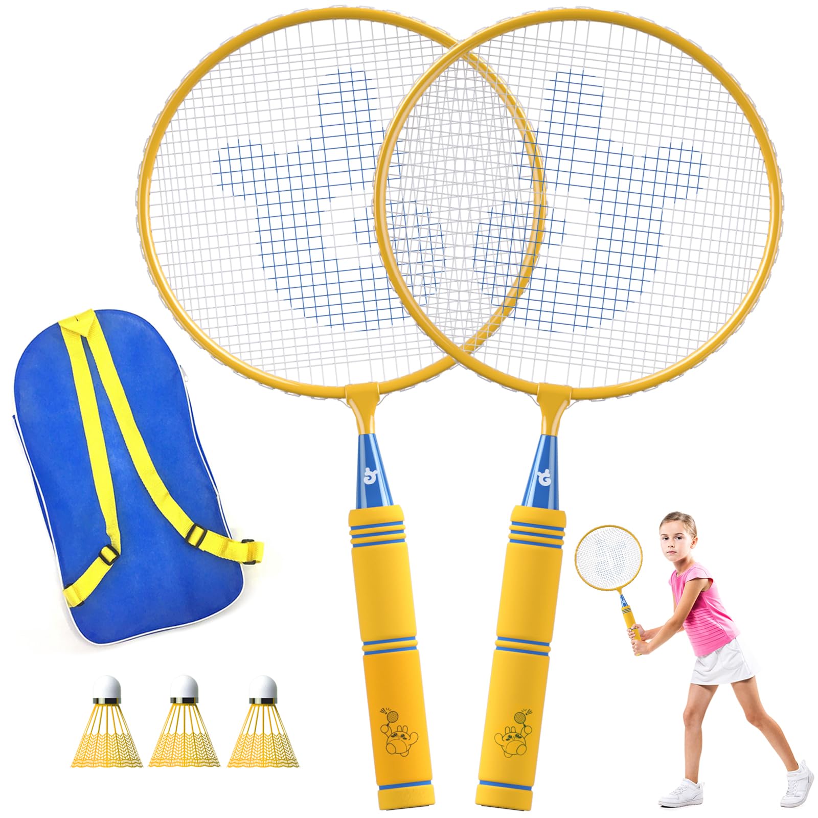 JOY SPOT! Kids Badminton Rackets Set with Soft Grip, Oversize & Lightweight Shuttlecocks Racquet with Carry Bag for Children Youth, 2 Player Sport Game for Indoor Outdoor Backyard