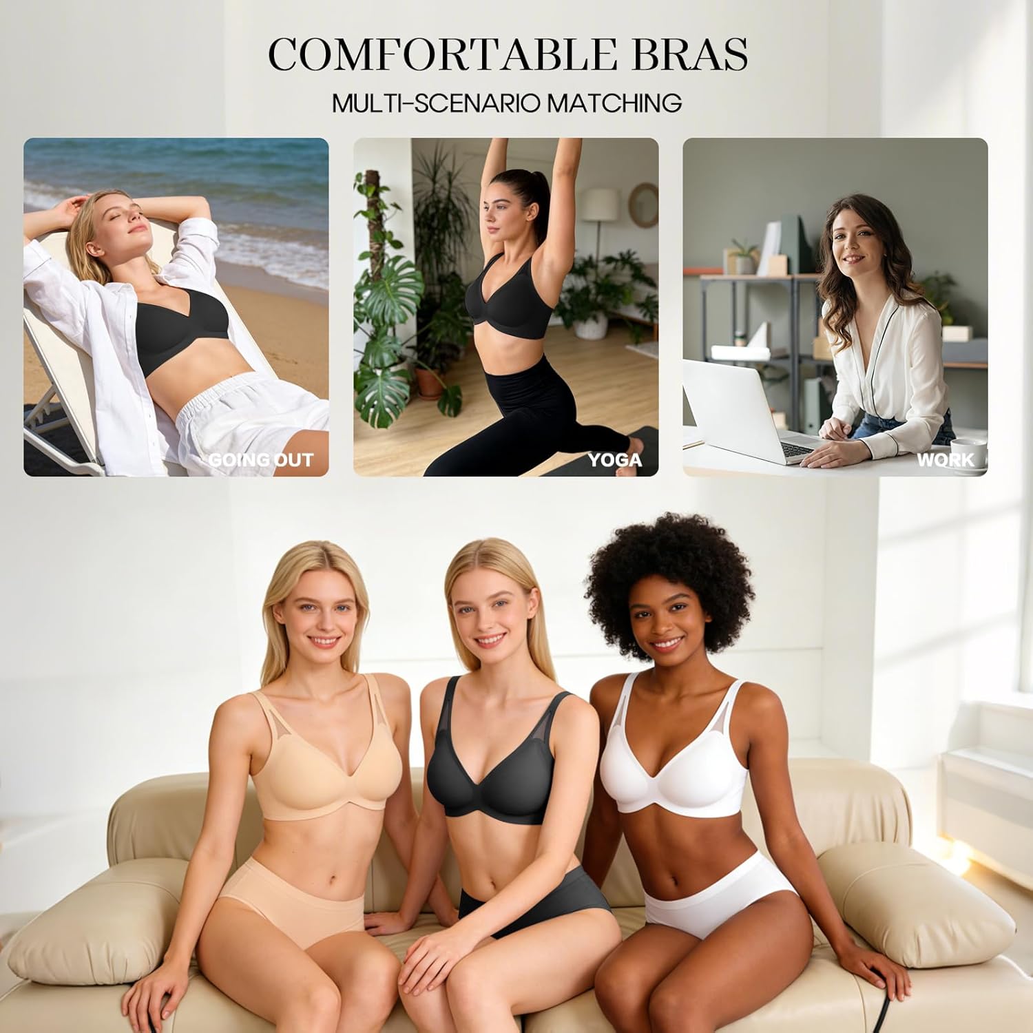 Wireless Full Coverage Seamless Bra for Women, Back-Smoothing Support Lift, Wide Straps