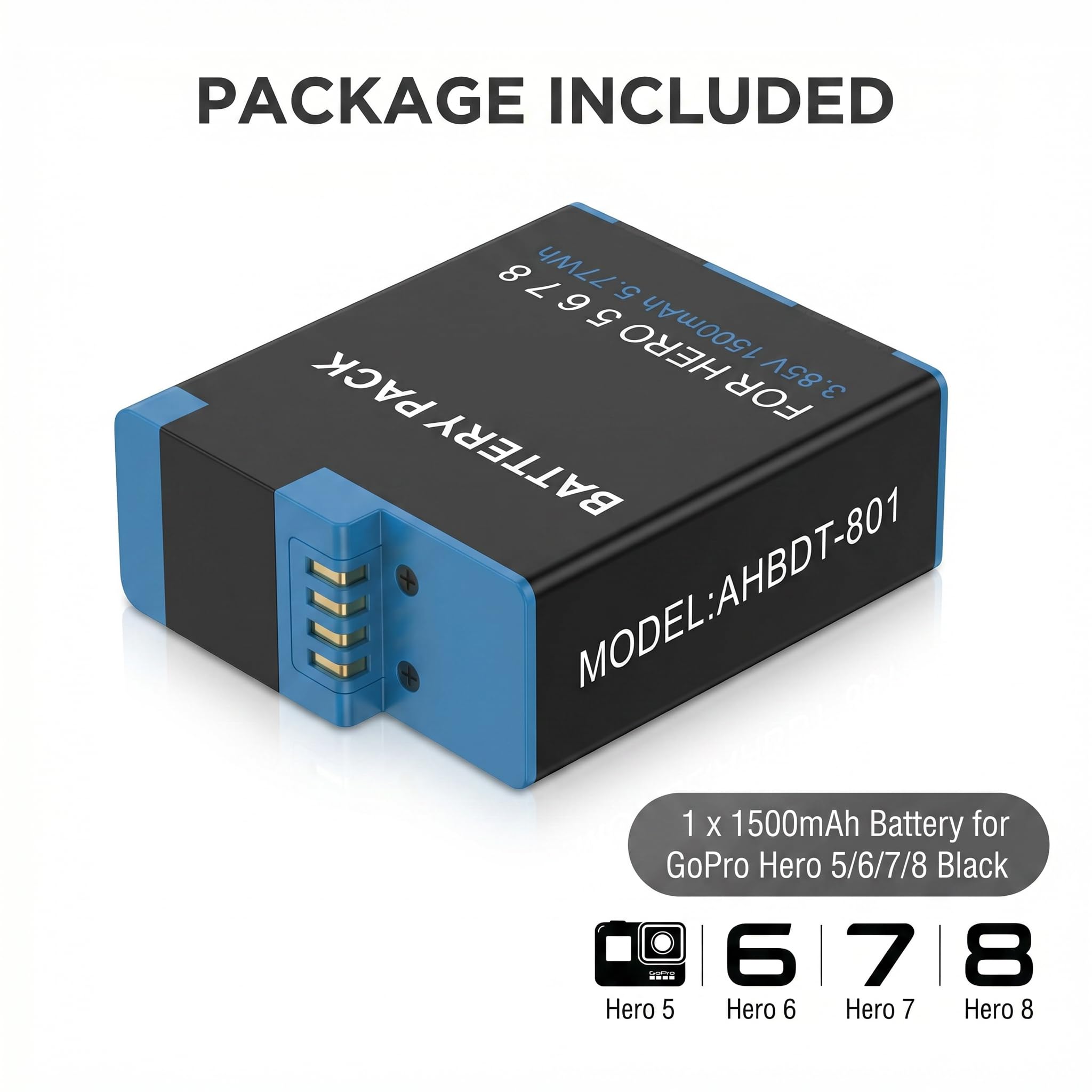 1500mAh Akku für Go Pro Hero 8/7/ 6/5 Sportkamera (1-Pack), 2026 Neues überarbeitet Ultra-hohe Kapazität Li-Ionen Ersatzbatterien