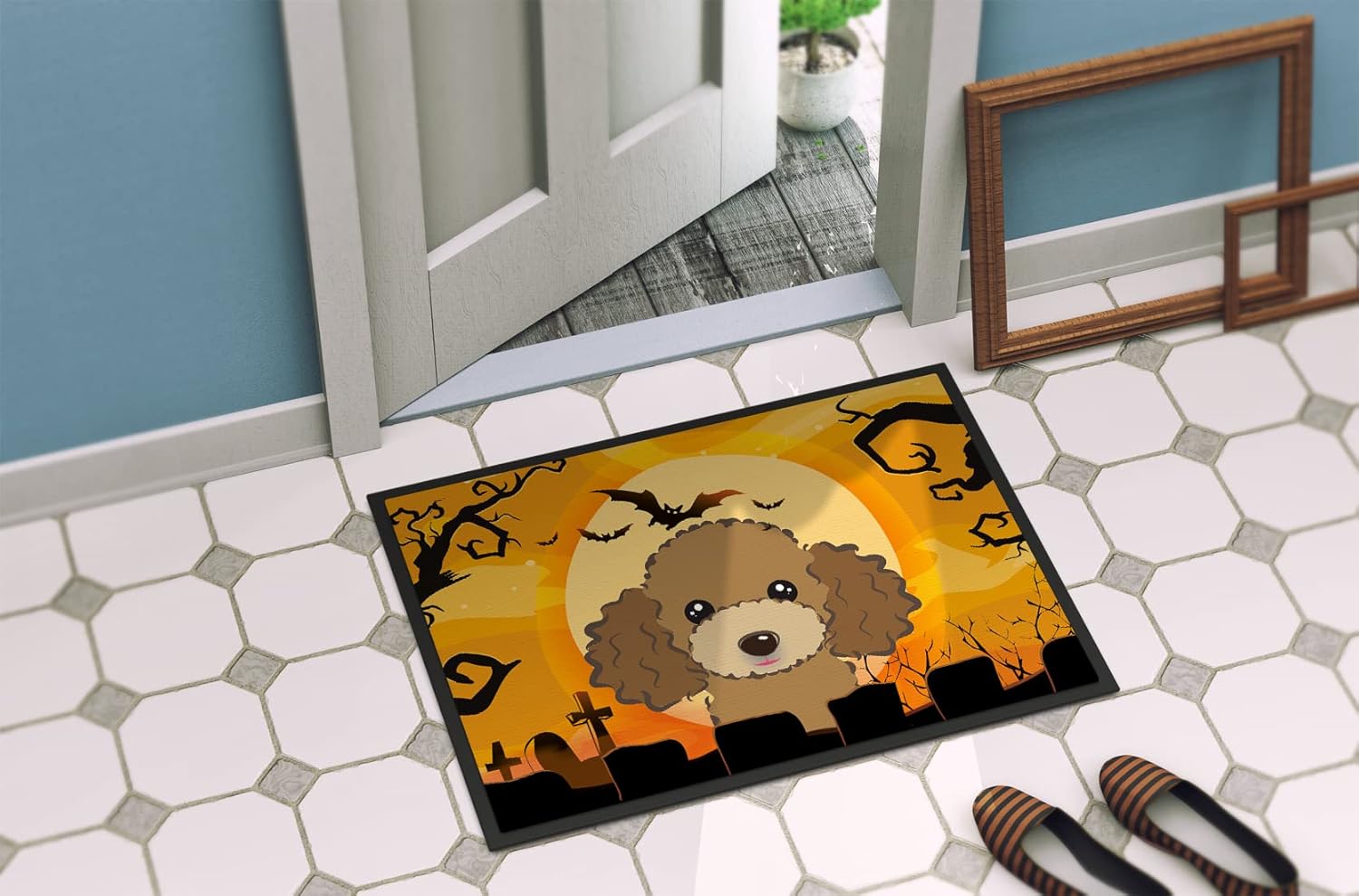 Caroline's Treasures BB1814MAT Halloween Chocolate Brown Poodle Doormat 18x27 Front Door Mat Indoor Outdoor Rugs for Entryway, Non Slip Washable Low Pile, 18H X 27W