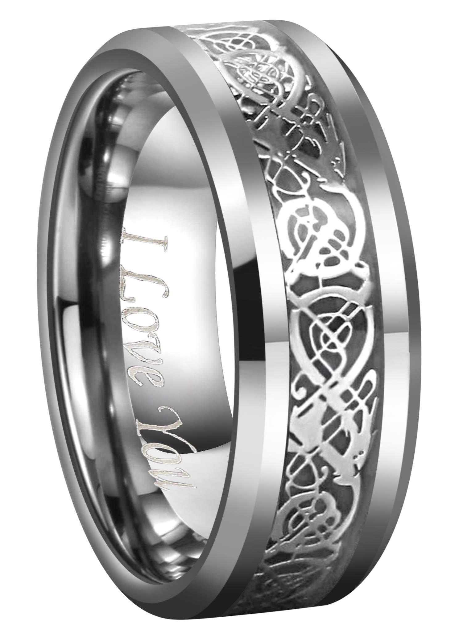 CROWNAL Black Dragon Men Black Tungsten Carbide Ring Wedding Band 6mm 8mm 10mm Red Carbon Fiber Black Celtic Dragon Inlay Engraved I Love You Size 7 to 17