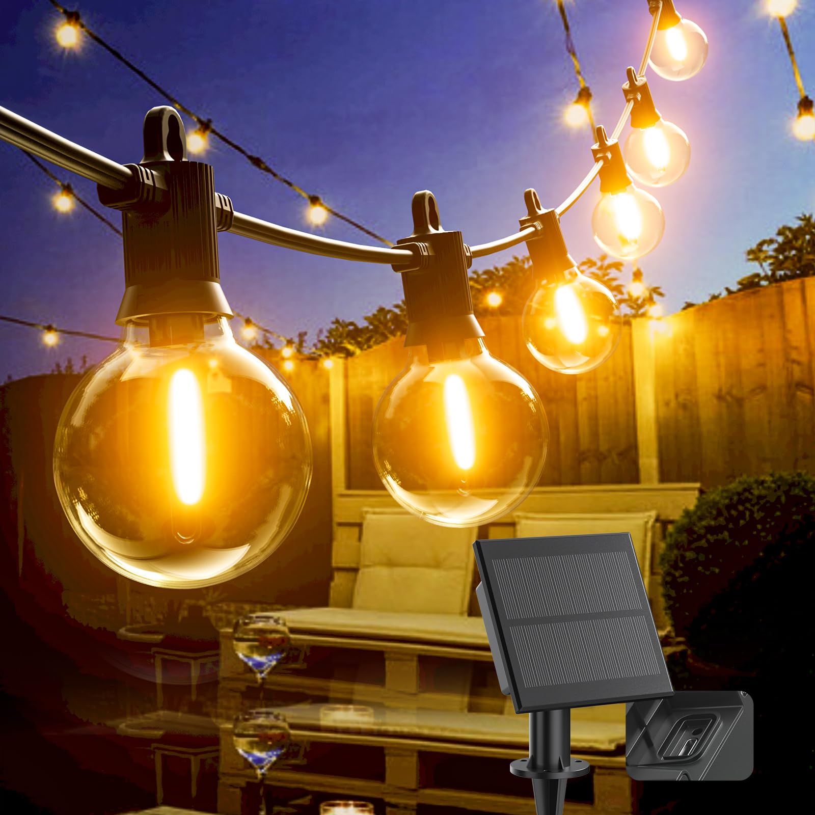 Kawaya Guirlande lumineuse solaire d'extérieur avec charge USB, étanche, 10 m, 15 + 1 ampoules incassables pour jardin, tonnelle, pergola, terrasse, balcon festif