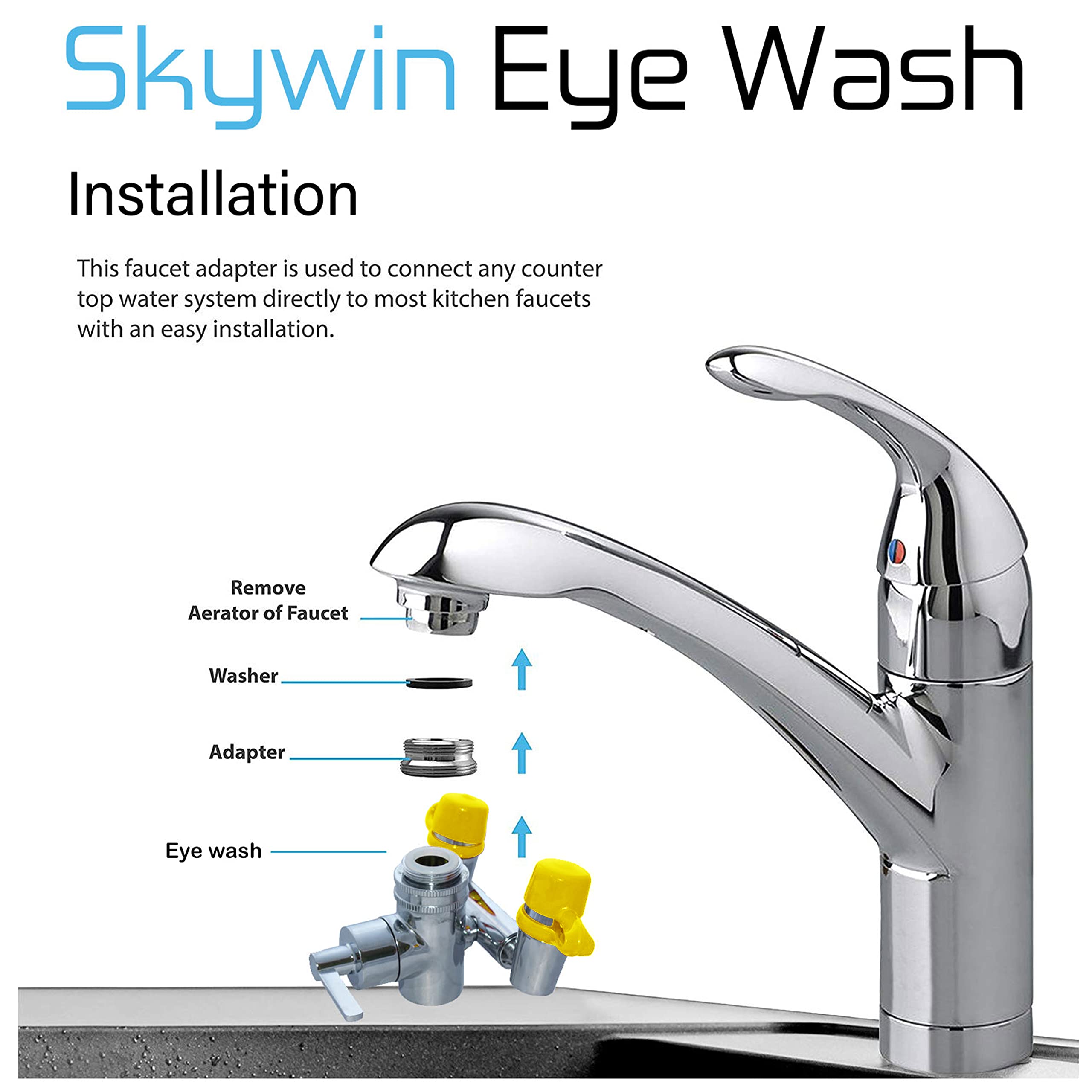 Skywin Eye Wash Kit - Eye Wash Units, Faucet Mounted Emergency Eye Wash Station Sink Attachment - Continuous Flow Eyewash Station with Common Sink Adapters and Inspection Tags (Yellow Caps)