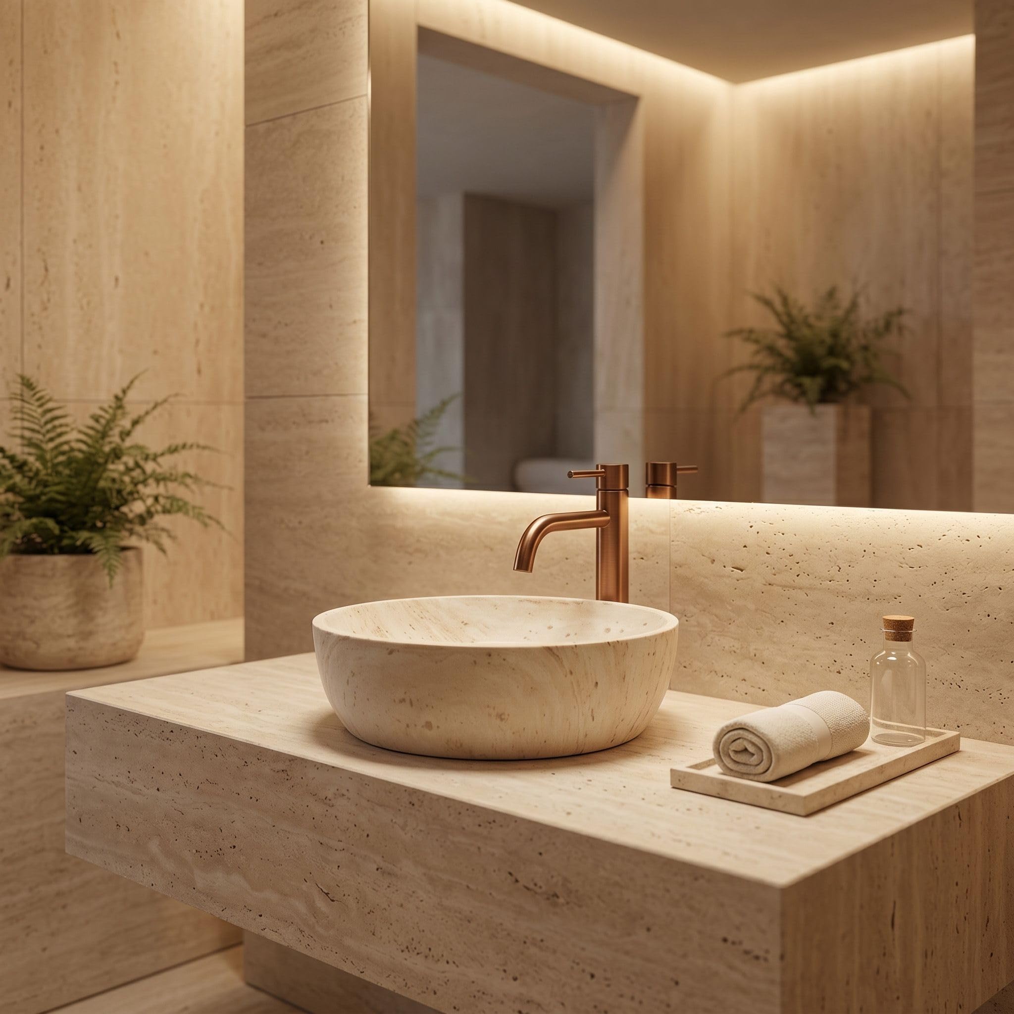 Rea - Lavabo sobre encimera Amelia 48 Travertine Classic - Cerámica - Piedra De Imitación - 48x34,5x13,5 cm