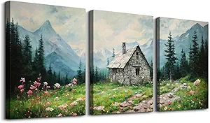 SERIMINO Nature Landscape Canvas Wall Art for Living Room, Forest Mountain Canvas Prints Paintings Room Decor, Cottage Meadow Wildflower Modern Farmhouse Wall Decor Set of 3, 16"X24"