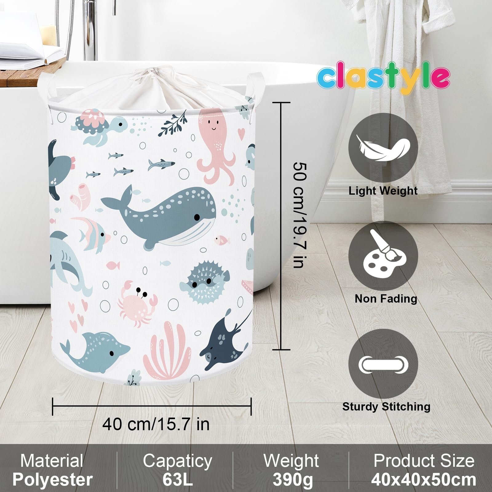 Panier à Linge 45L Repliable Animaux Forêt - Blanc Avec Poignée - Pour Enfants, Jouets, Vêtements
