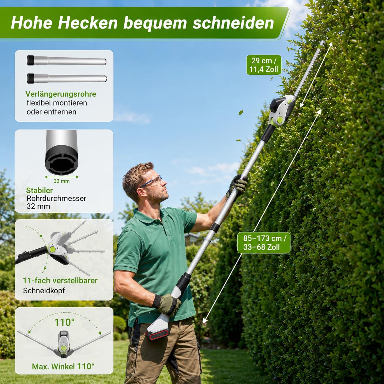 Teleskop Heckenschere Akku mit Rollen, 4-in-1 Elektro-Teleskop-Astschere & Grasschere mit Leistungsdisplay und 2x21V Akkus, Aluminiumlegierung, 110° Verstellbarer Kopf, Max 1,73m