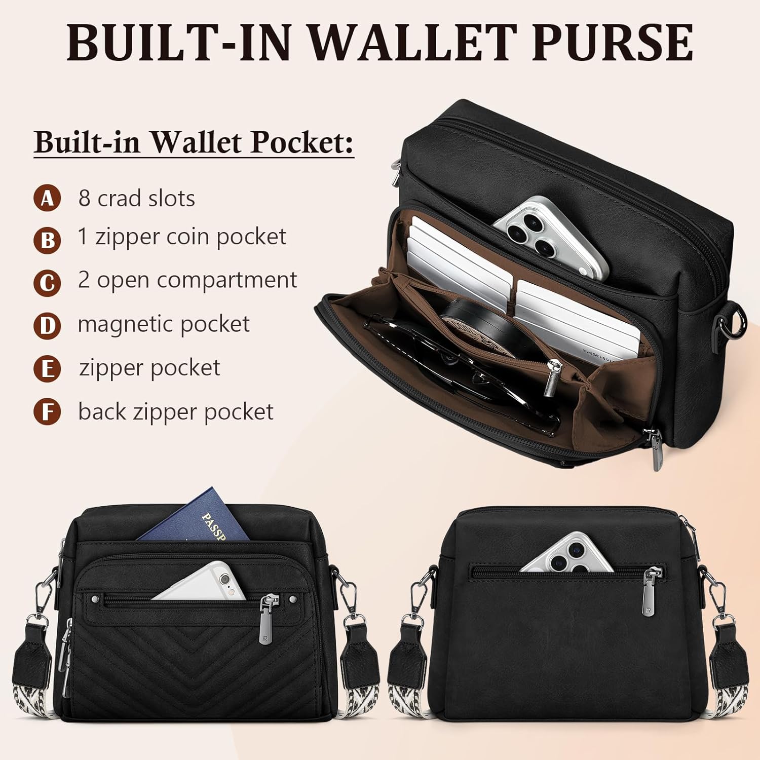 Crossbody Bags for Women, Small Cross Body Purses, Leather Women’s Crossbody Handbag with Built in Wallet - Image 3