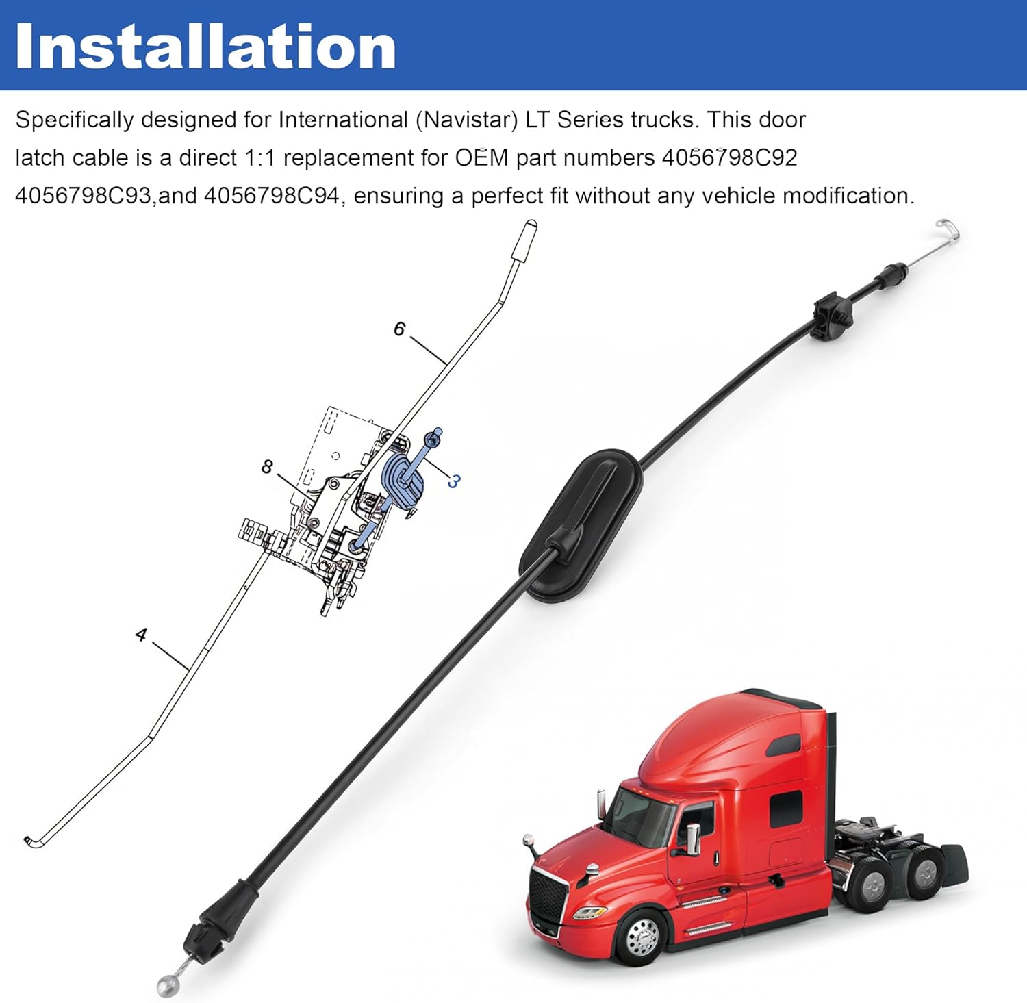 Door Latch Cable Compatible with International Navistar LT Series Trucks, Replaces 4056798C92, 4056798C93, 4056798C94, HLK2831XC Heavy Duty Truck Door Latch Release Cable