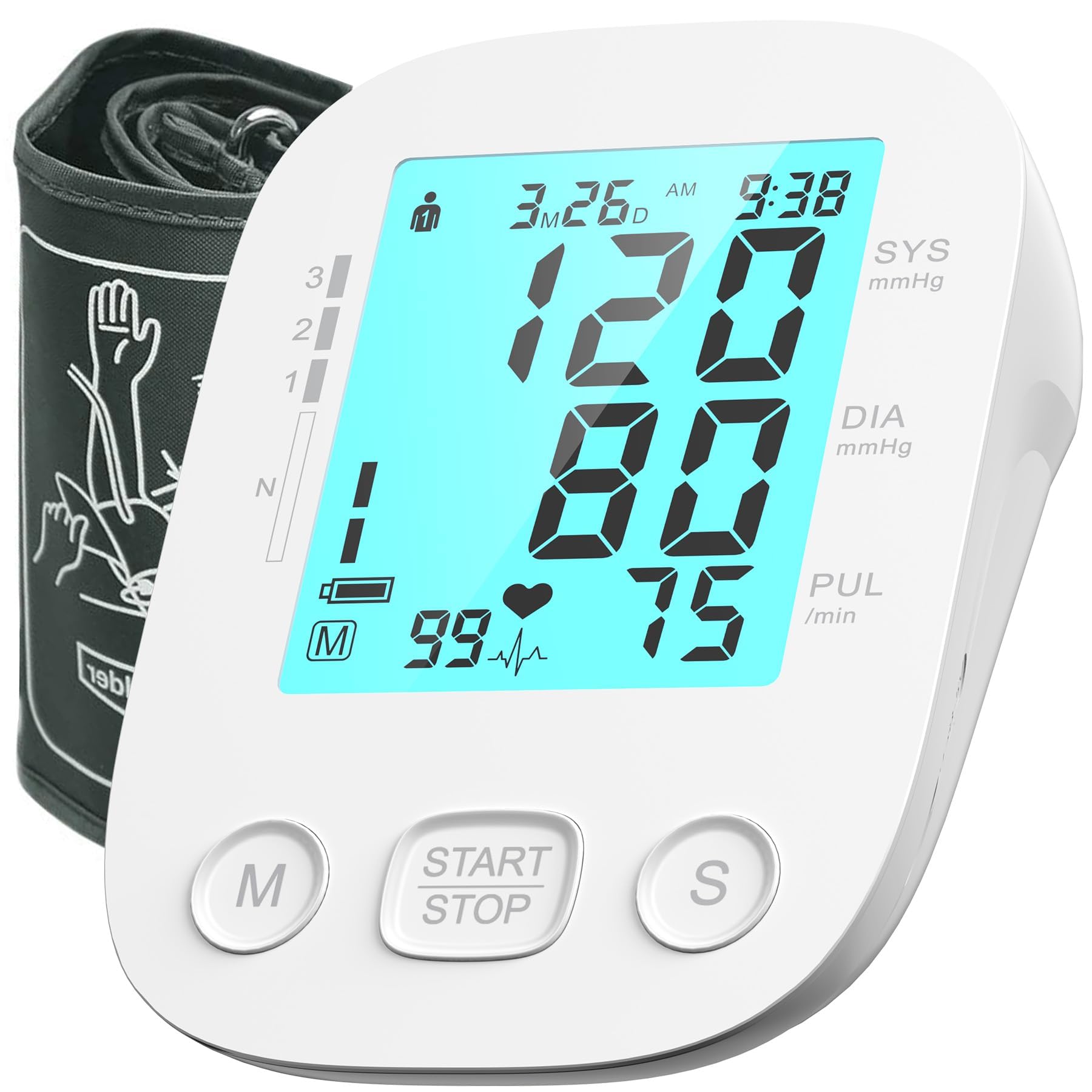 Blood Pressure Monitor for Home use, Upper Arm Automatic Digital BP Monitor with Wide Arm Cuff, Blue Backlit LCD Screen, Includes USB Cable, Suitable for Holiday and Christmas Gifts (White)