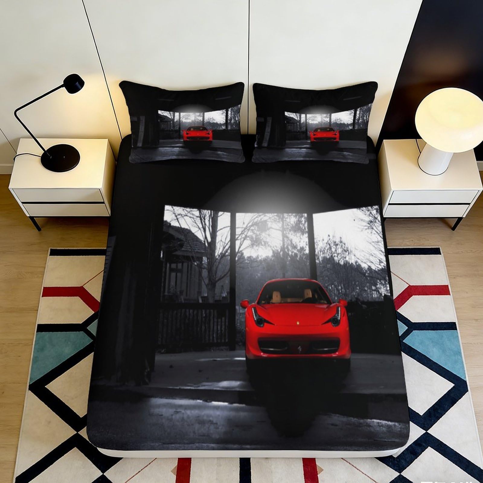 3D Printed Sports Car Fitted Sheet Microfiber Deep Pocket Elastic Hem Car Mattress Fitted Cover Washable for Bedroom 200x200x25cm