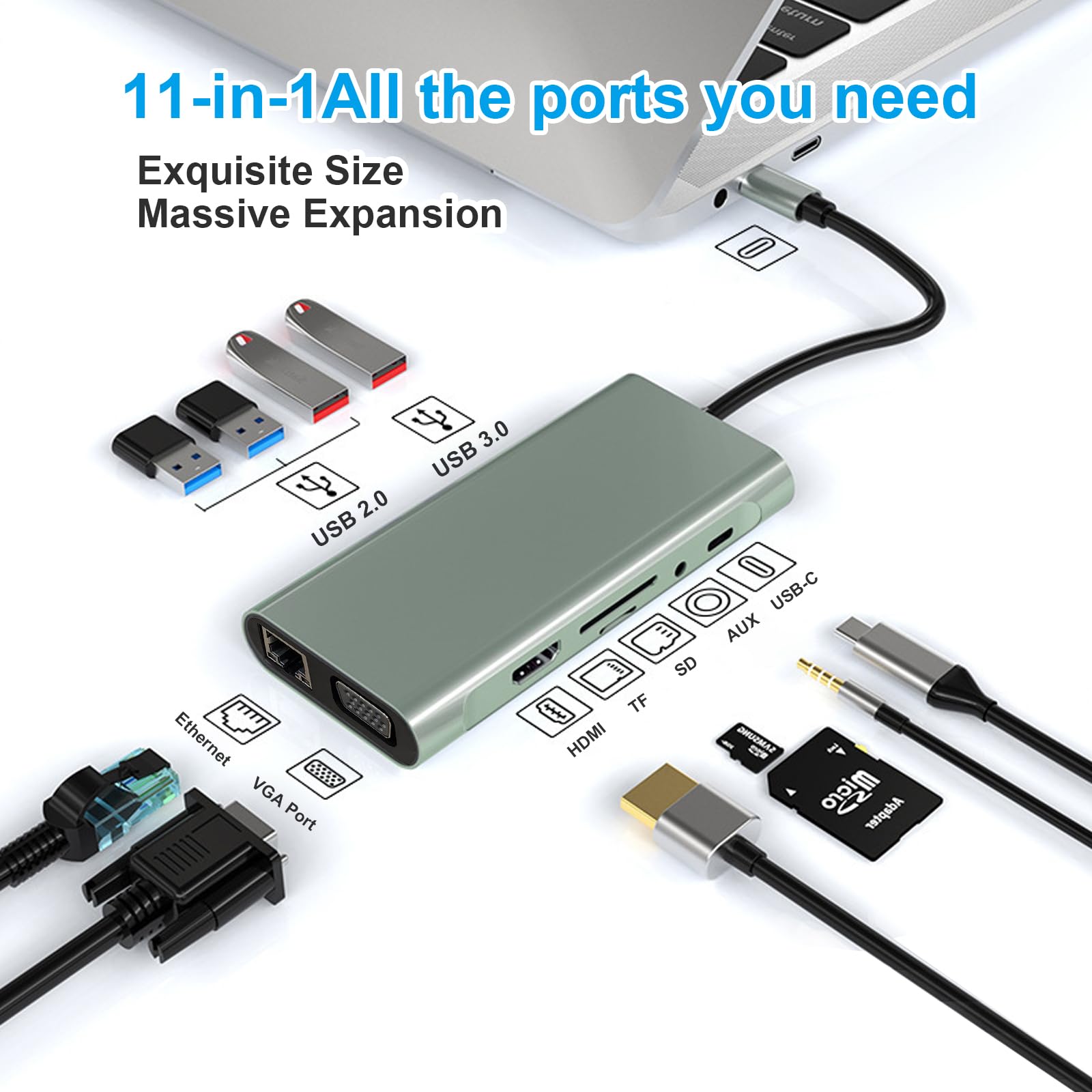 Stacja dokująca USB C Hub 11 w 1, wieloportowy adapter typu C z 4K HDMI, VGA, 100 W PD, USB 3.0, RJ45 Ethernet, czytnik kart SD/TF, AUX, kompatybilny z MacBook Pro/Air, Chromebook, laptopy
