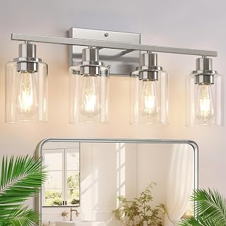 Indoi 4-Light Bathroom Light Fixtures, Brushed Nickel Modern Vanity Lights with Clear Glass Shades, Bathroom Wall Lamp for Mirror Living Room Cabinet Bedroom Porch