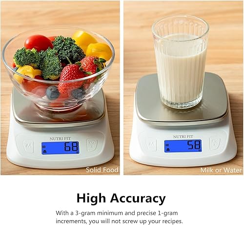 Miniatura 9 de NUTRI FIT Báscula digital de cocina para alimentos, gramos y onzas, báscula ultradelgada, portátil, para hornear, cocinar, acampar, tara inoxidable,