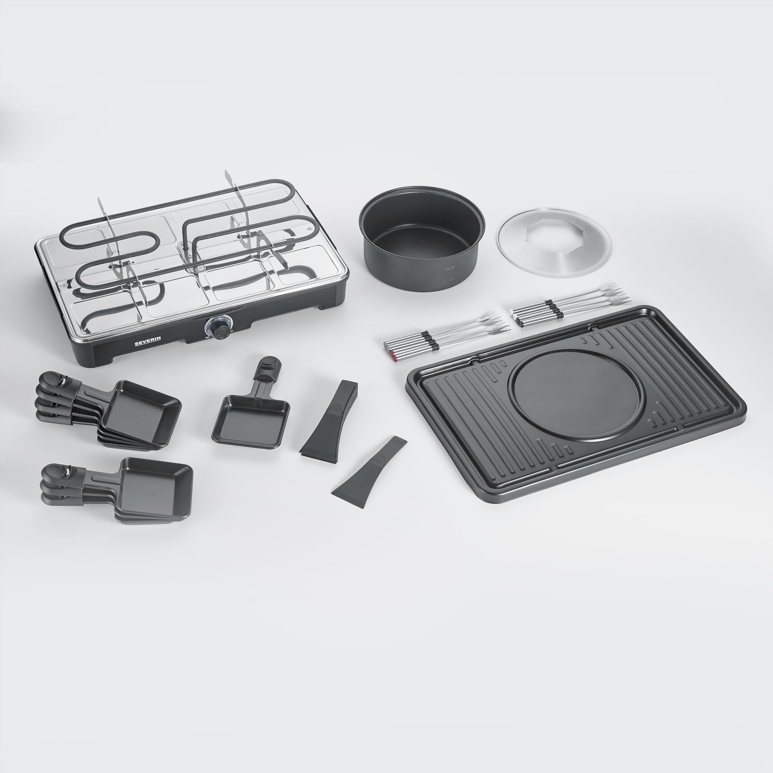 SEVERIN Appareil à Fondue et Raclette pour 8 personnes, Appareil à raclette 2 en 1 avec Plaque de cuisson et Service à fondue, Inclus 8 poêlons, spatules et fourchettes à fondue, Noir, RG 2347
