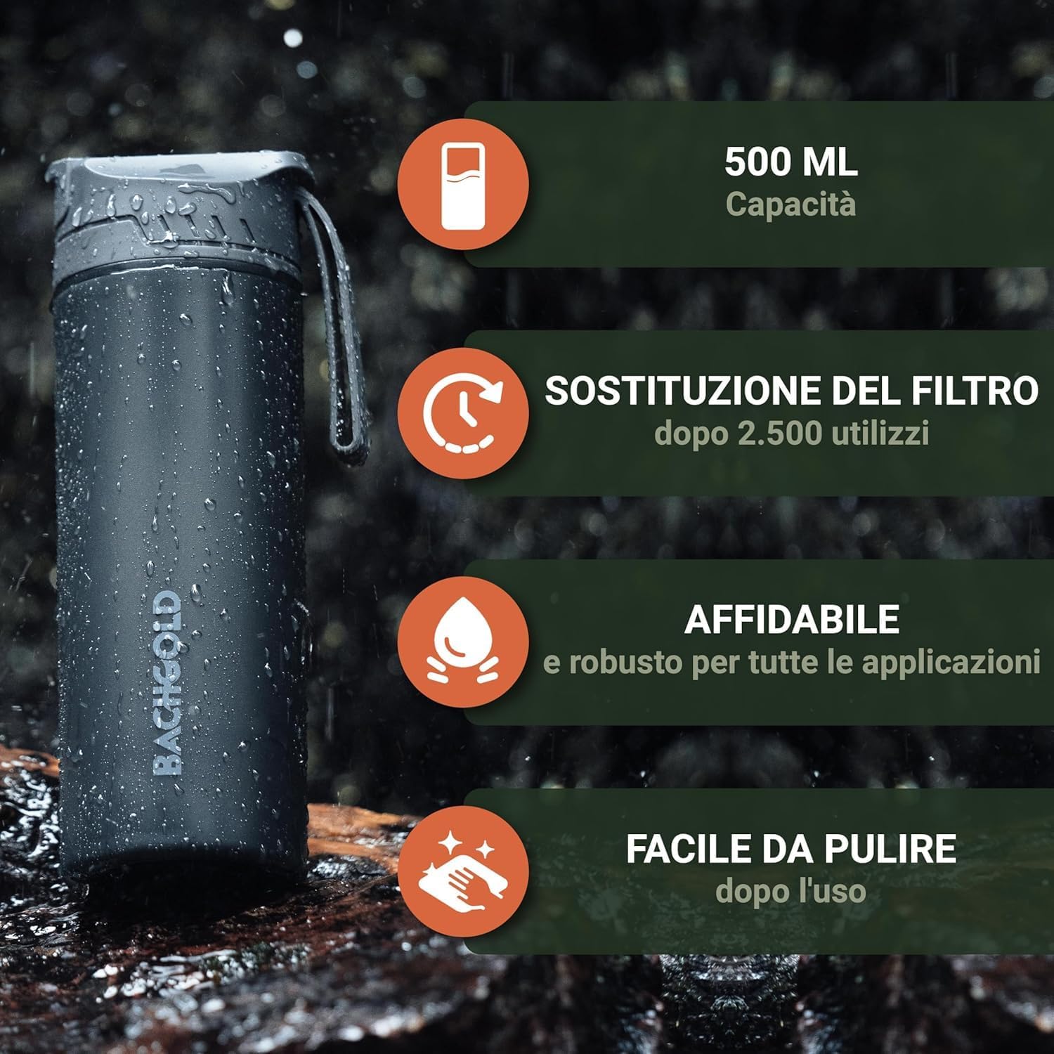 Bachgold Filtro dell'acqua per esterni con capacità di filtro 1500L,rimuove il 99,99% di tutti i batteri e filtra virus,particelle e metalli pesanti,a prova di blackout e crisi, para botella de 500ml