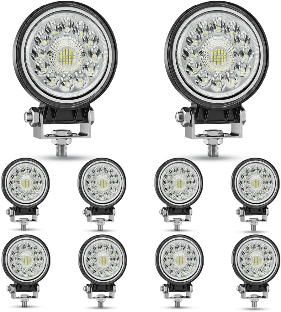 LED Tractor Work Lights, 4 Inch 99W Round Off Road Lights Spot Flood Beam Led Pods Light, 12V 24V Driving Fog Light for Truck Vehicle Golf Car RV Boat ATV UTV SUV Motorcycle Snowplow, 10Pcs