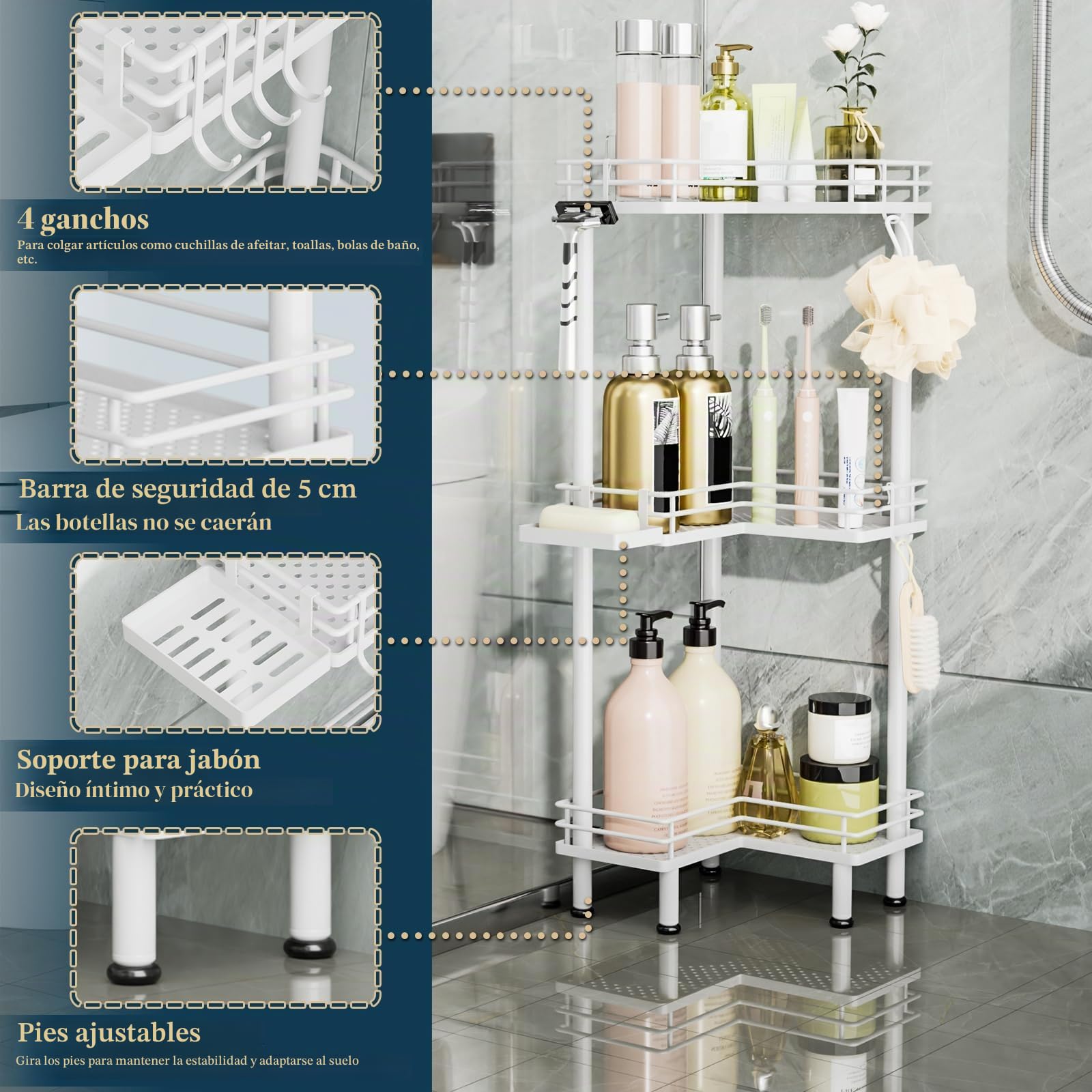Consumest Organizador de ducha esquinero de pie – Organizador de ducha de acero inoxidable de 3 niveles con soporte para jabón y 4 ganchos, estante de esquina de ducha de gran capacidad para baño,
