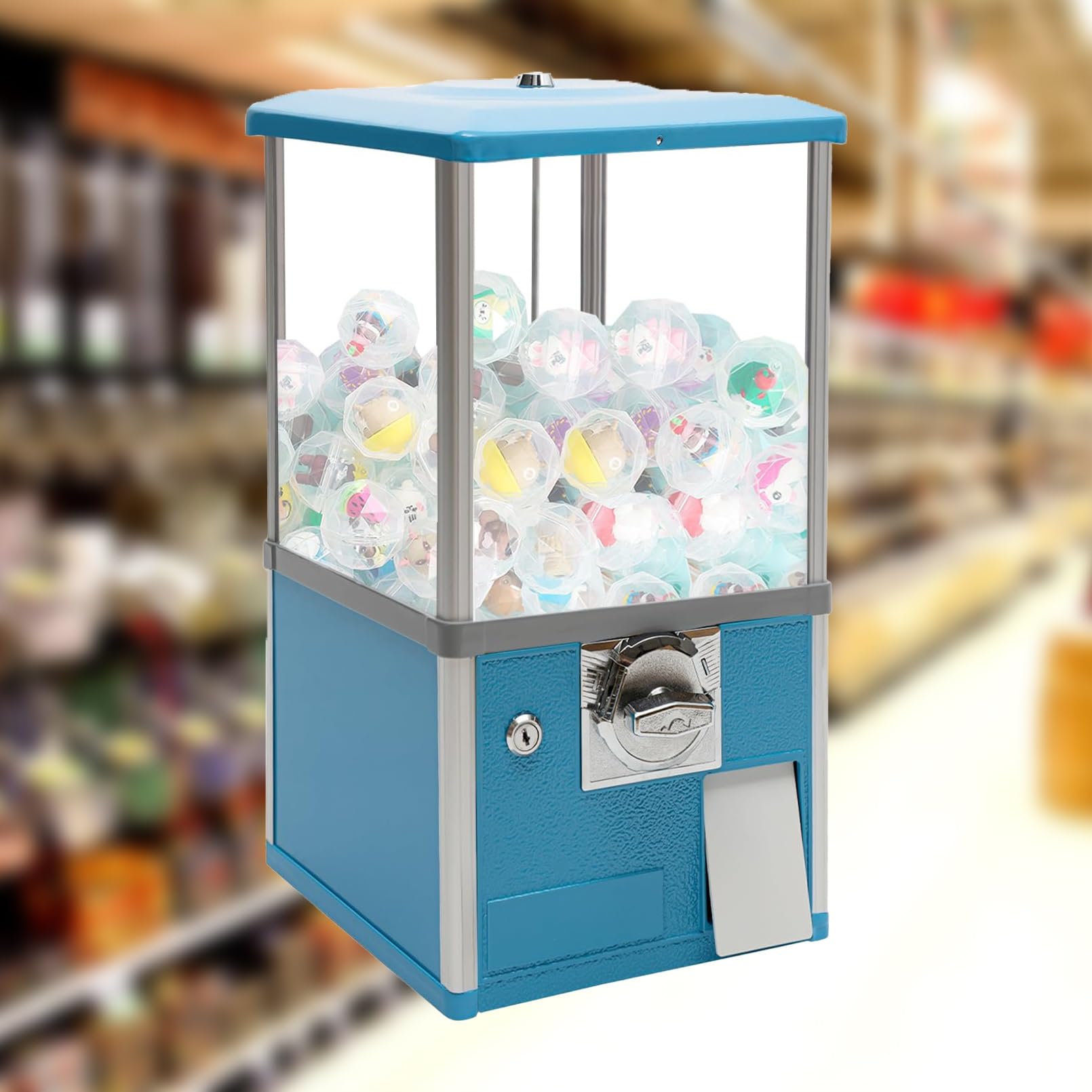 Verkaufsautomat mit Münzeinwurf,Kommerzieller Kaugummiautomat für Süßigkeiten,Automatischer Kapsellotterieautomat,Verkaufsautomaten für Unternehmen,für 4,5–5,5 cm für Spieleläden(Blue,1 EUR/Two Times)