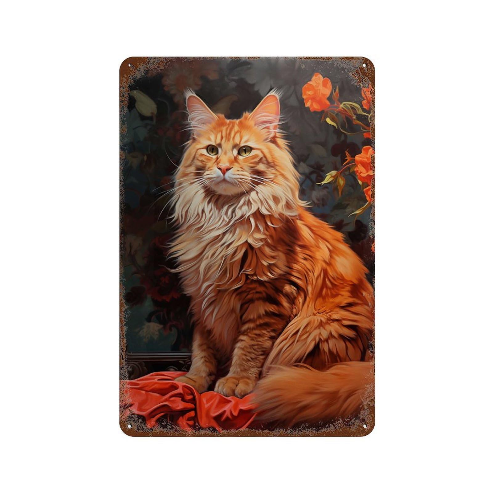 Red Tabby Maine Coon Cat Aged Metal Wall Plaque 11.8"x7.9", Old School Wall Decor for Garage, Pub Or Kitchen