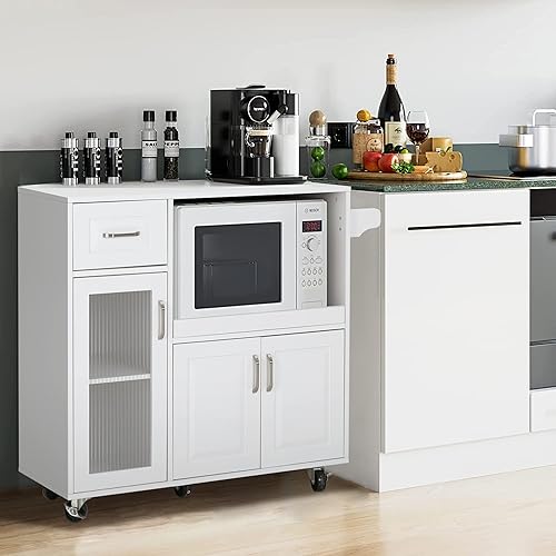 Miniatura 8 de PHI VILLA Carrito de microondas con ruedas, isla de cocina blanca con estante para microondas, carrito de cocina rodante con almacenamiento