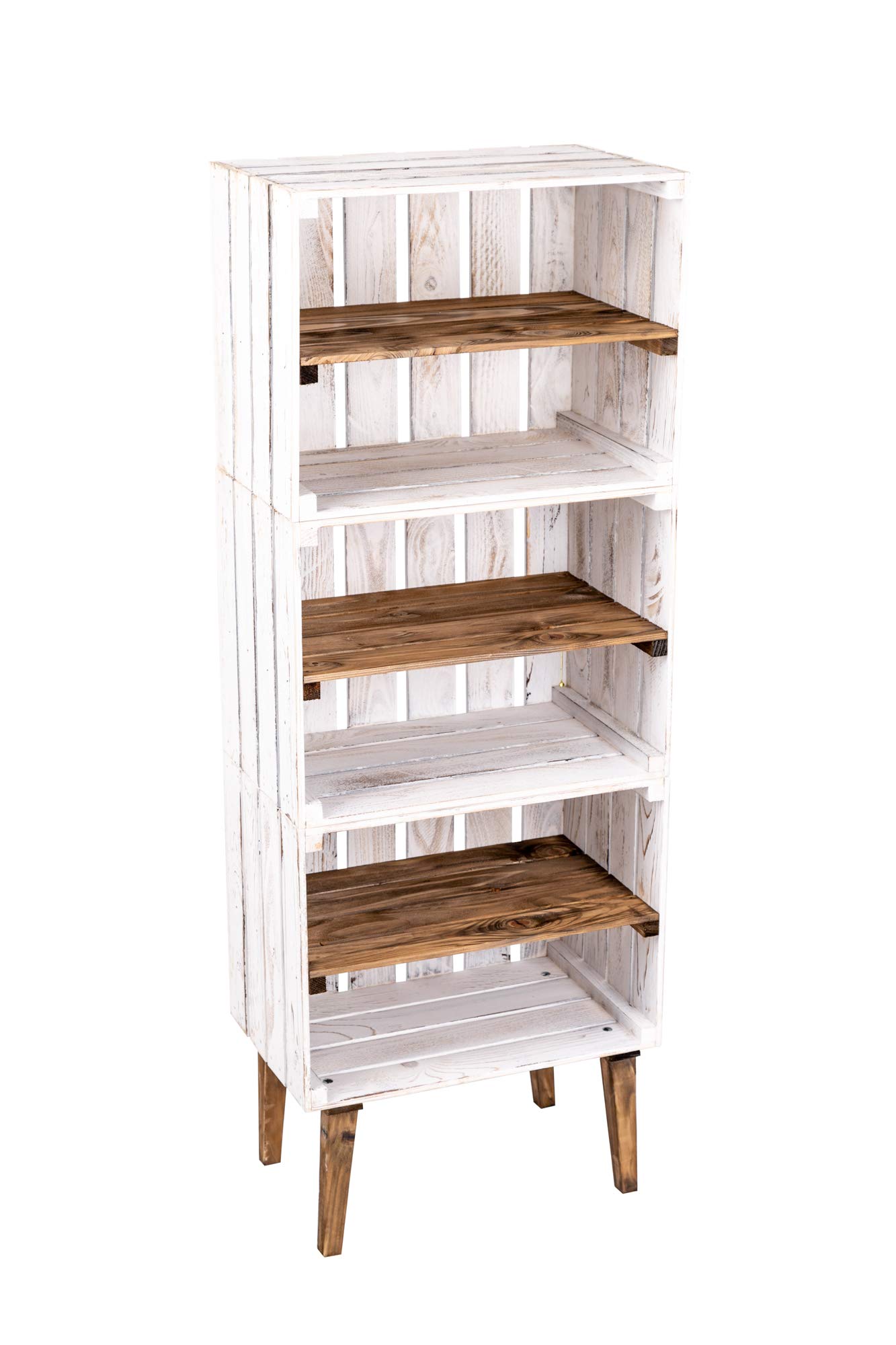 Scaffale vintage in legno shabby chic, 141 x 50 x 31 cm, in legno di conifere bianco con ripiani scuri, 3 scomparti, già assemblato