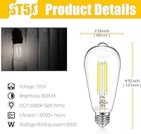 Vista 2 de DAYBETTER 4 Pack Vintage LED Edison Bulbs, E26 LED Bulb 60W Equivalent, Dimmable LED Light Bulbs, 8W High Brightness 800 LM Daylight 5000K, ST58